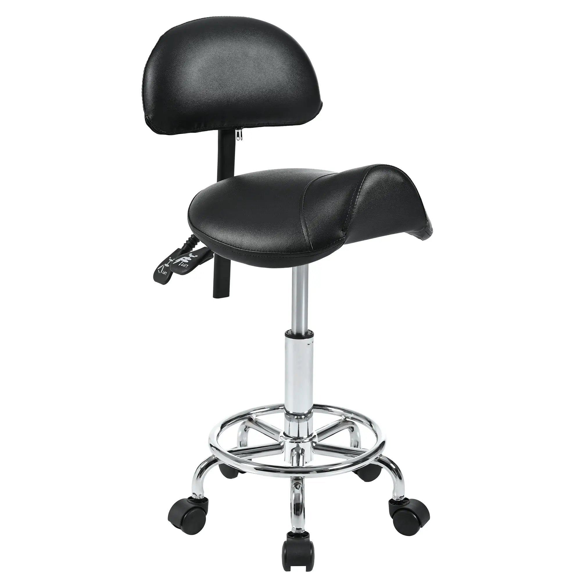 Ergonomic saddle stool with back support from Platinum-Level Office Chairs, ideal for salon, spa, tattoo, and massage settings.