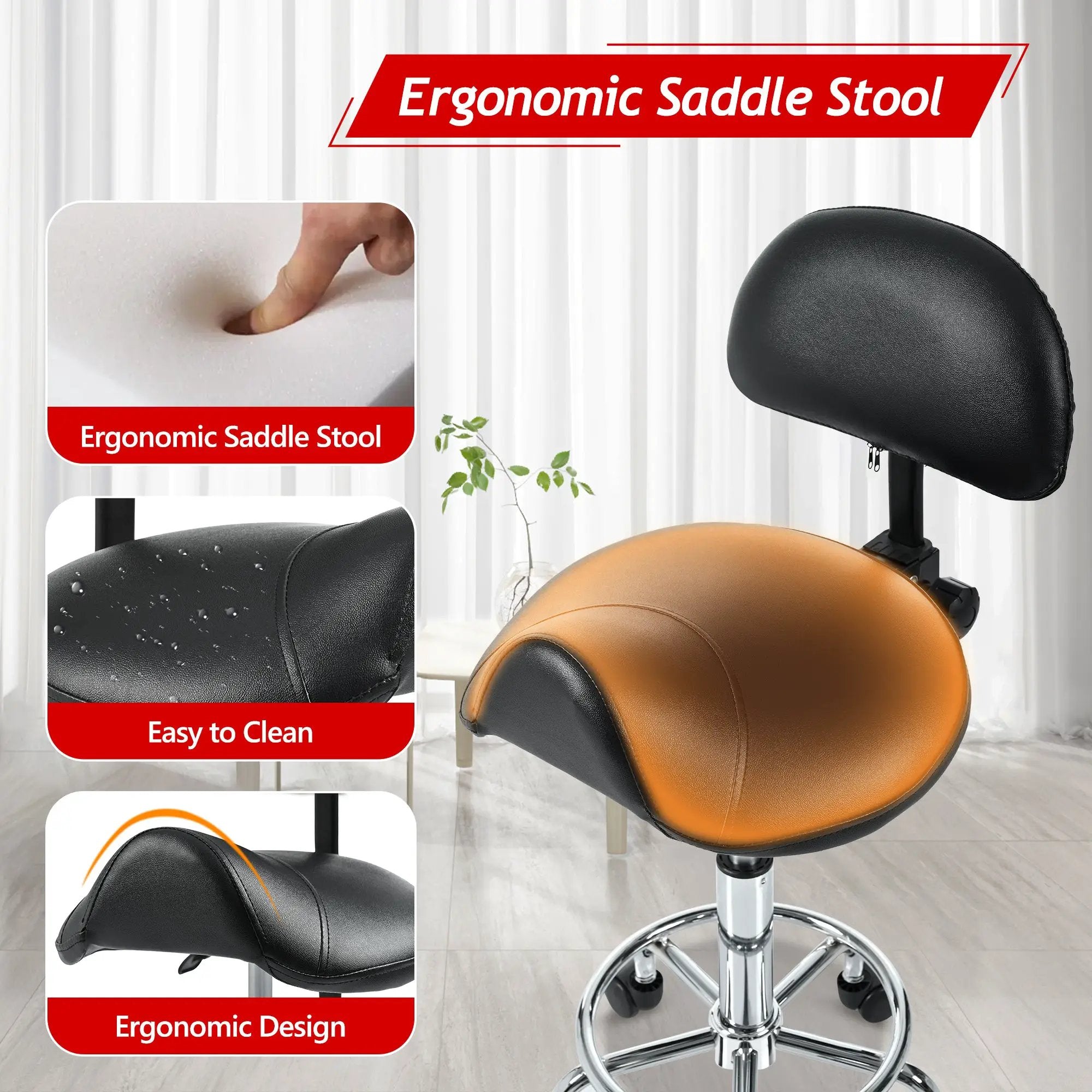 Ergonomic saddle stool with back support by Platinum-Level Office Chairs, ideal for salon, spa, tattoo, and massage professionals.