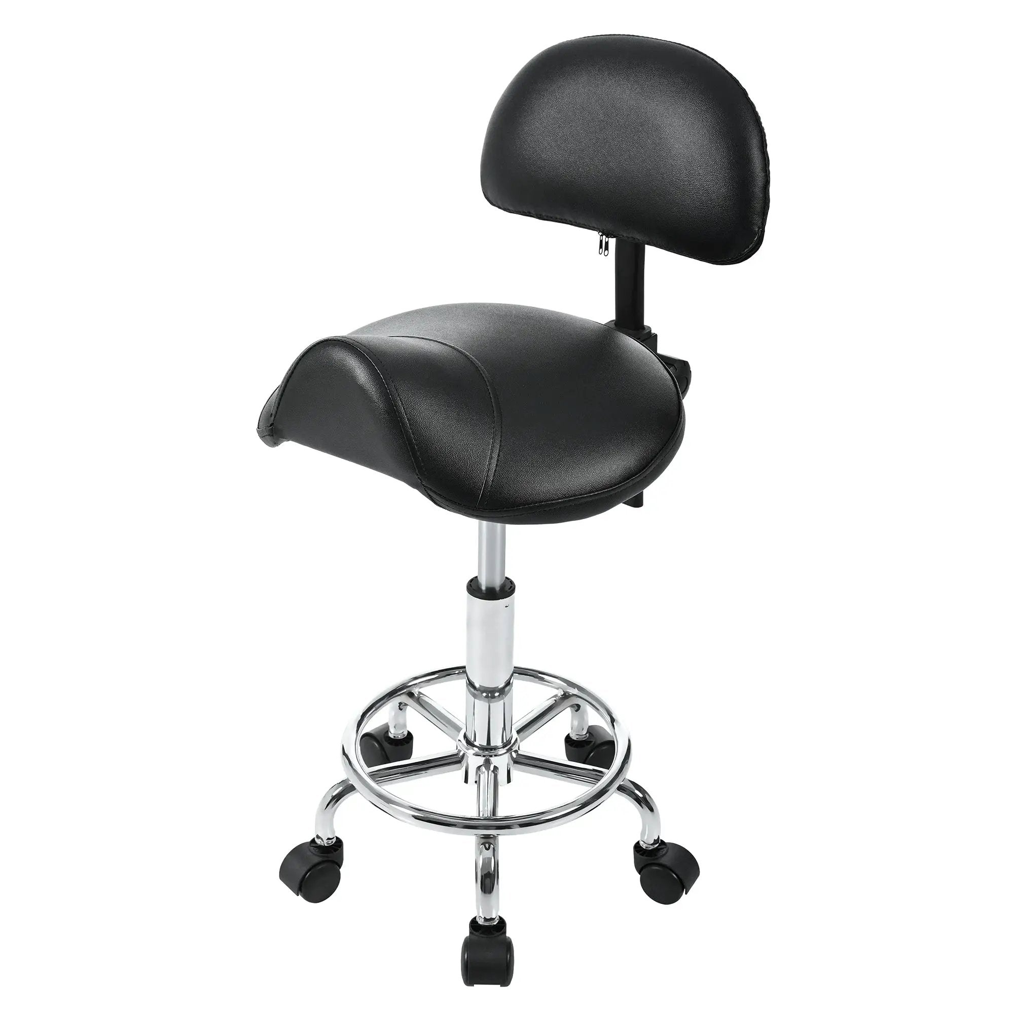 Platinum-Level Office Chairs ergonomic saddle stool with back support for salon, spa, tattoo, and massage work environments.