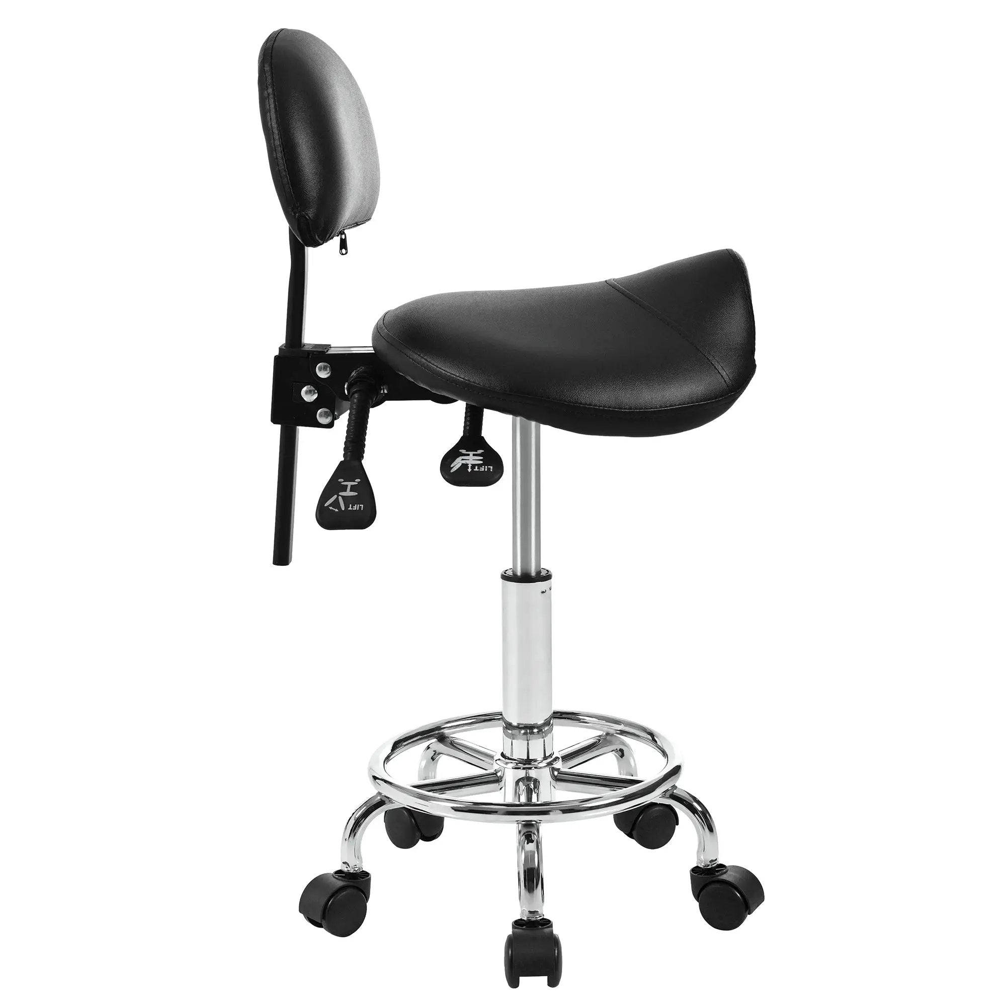 Ergonomic saddle stool with back support from Platinum-Level Office Chairs, designed for salon, spa, tattoo, and massage use.