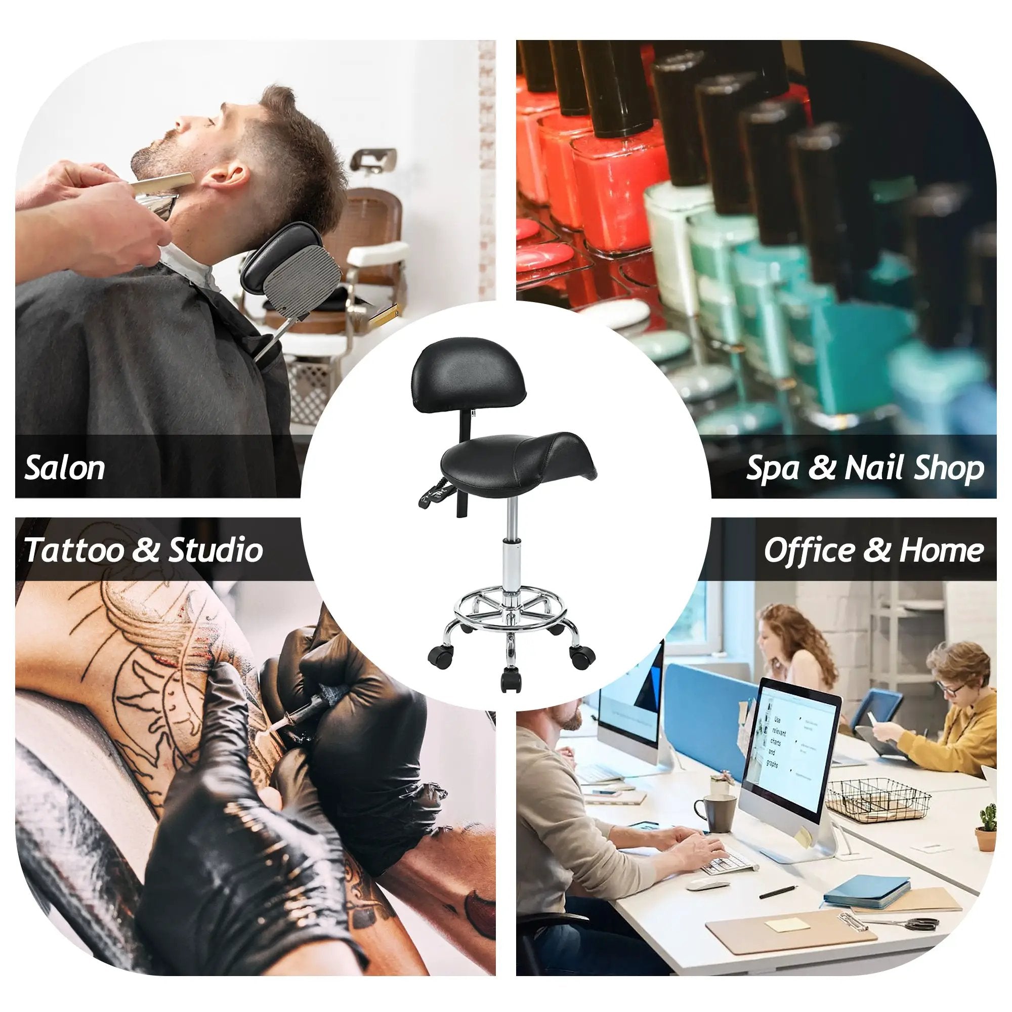 Ergonomic saddle stool with back support from Platinum-Level Office Chairs, ideal for salon, spa, tattoo, and massage settings.