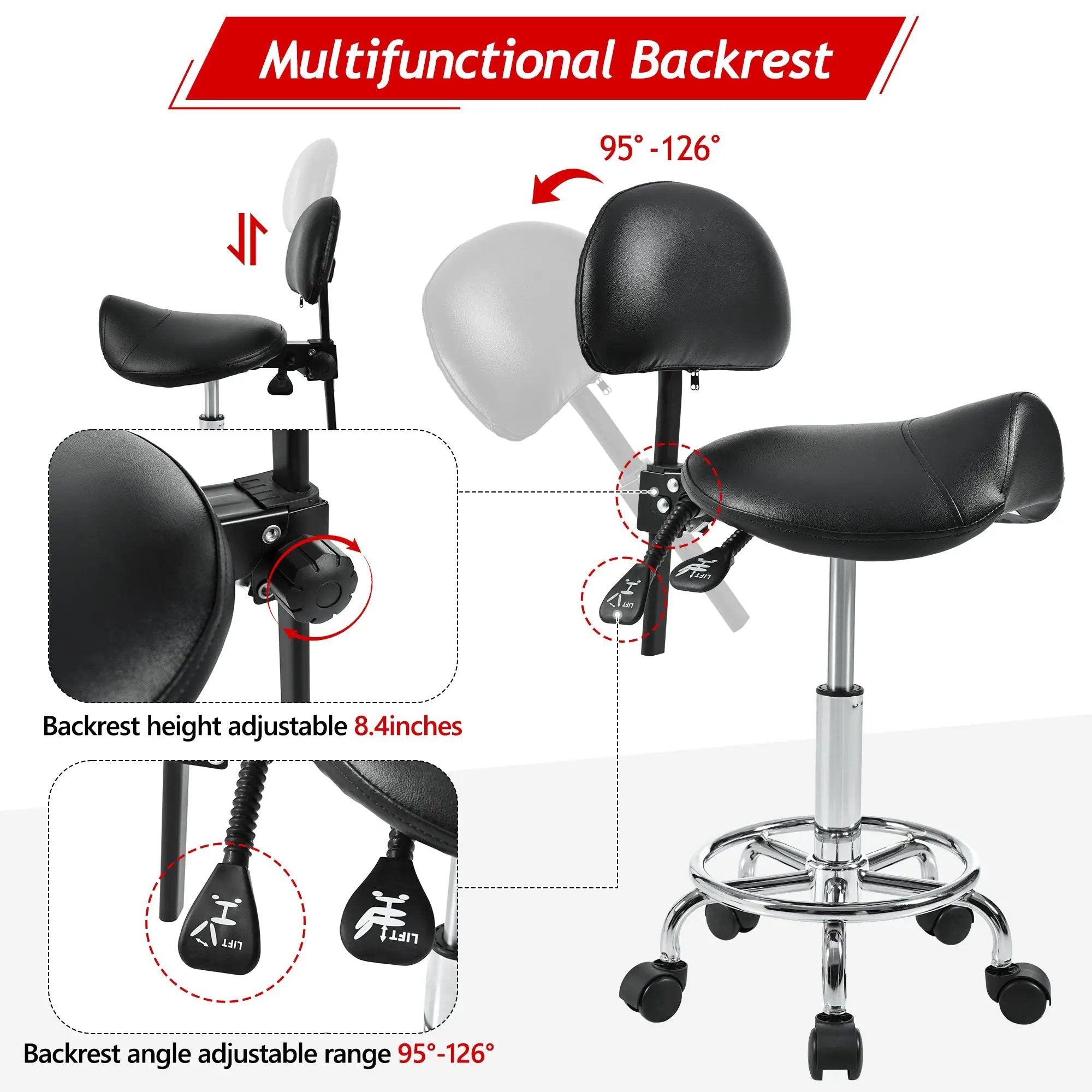 Ergonomic saddle stool with back support from Platinum-Level Office Chairs, ideal for salon, spa, tattoo, and massage professionals.