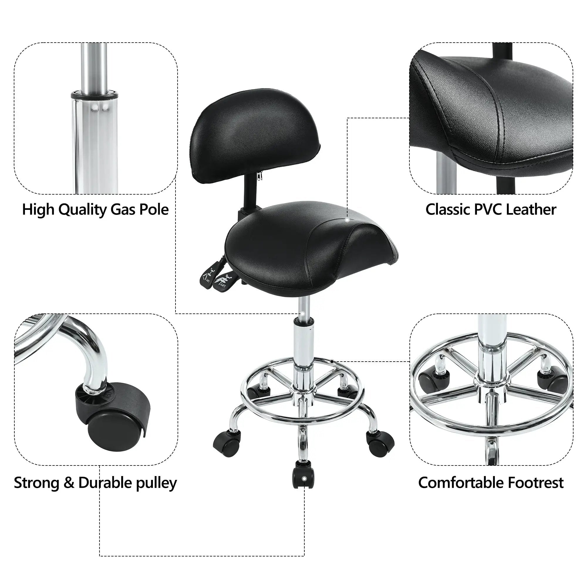 Platinum-Level Office Chairs ergonomic saddle stool with back support, ideal for salon, spa, tattoo, and massage professionals.