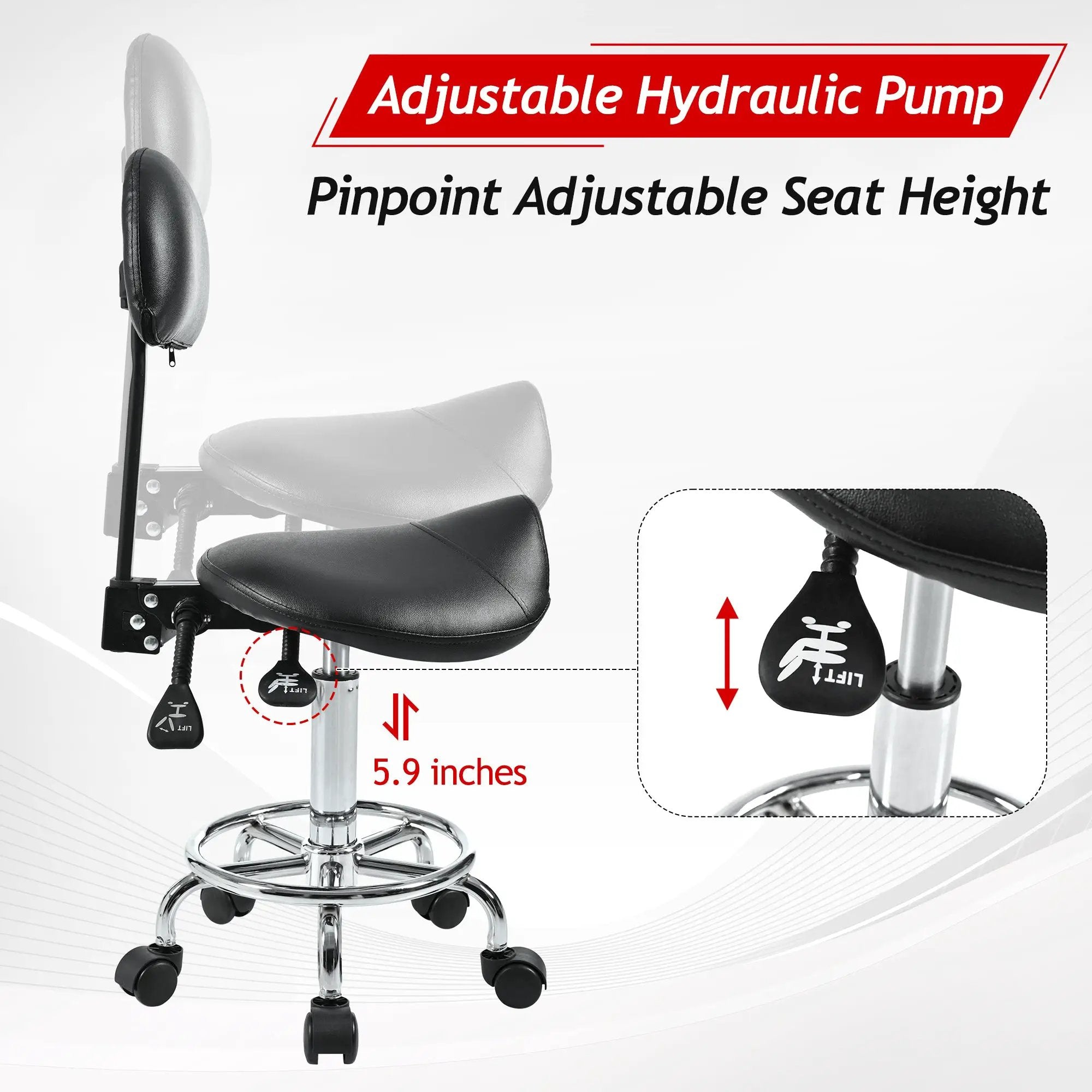 Ergonomic saddle stool with back support from Platinum-Level Office Chairs, designed for salon, spa, tattoo, and massage use.