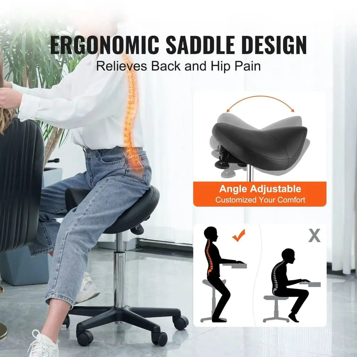 Ergonomic saddle stool with wheels from Platinum-Level Office Chairs, designed for office professionals to relieve back pain.