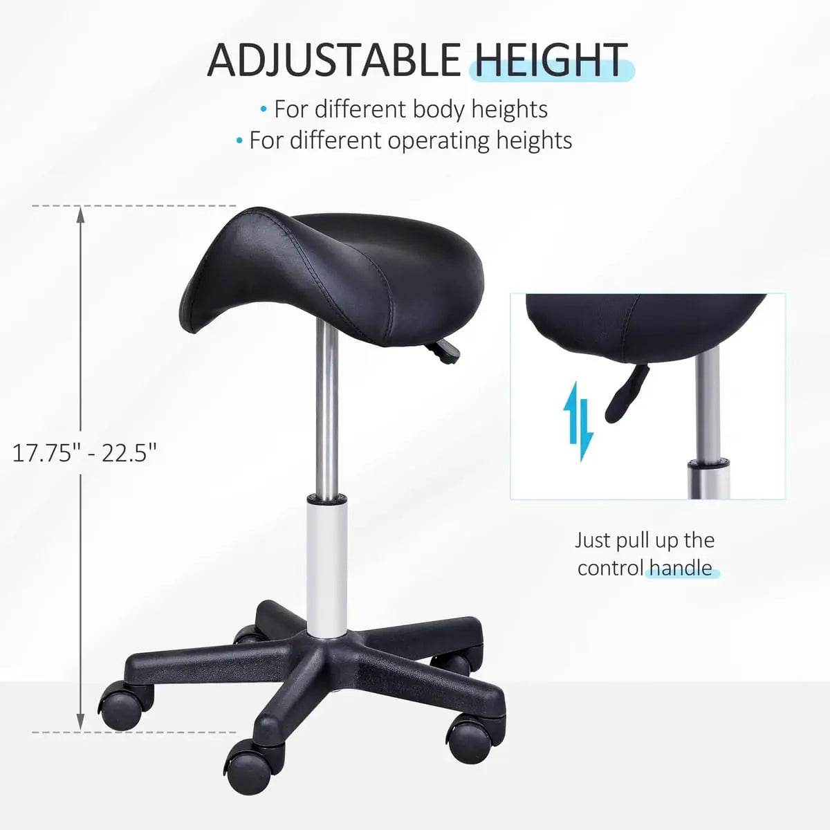 Ergonomic saddle stool with wheels from Platinum-Level Office Chairs, designed for salon chairs, featuring a cushioned seat and adjustable height.