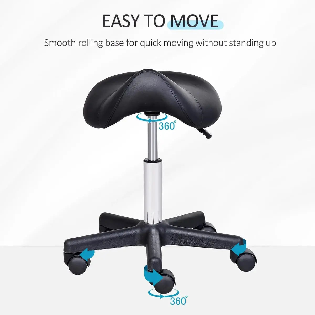 Ergonomic saddle stool with wheels for salon chairs, by Platinum-Level Office Chairs, featuring a cushioned seat and adjustable height.