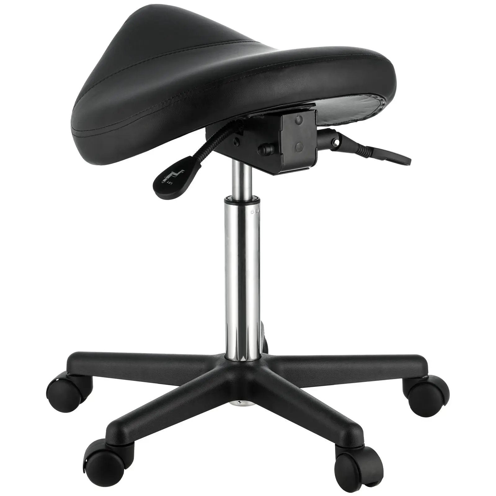 Ergonomic saddle stool with wheels and swivel base from Platinum-Level Office Chairs, designed for salon professionals.