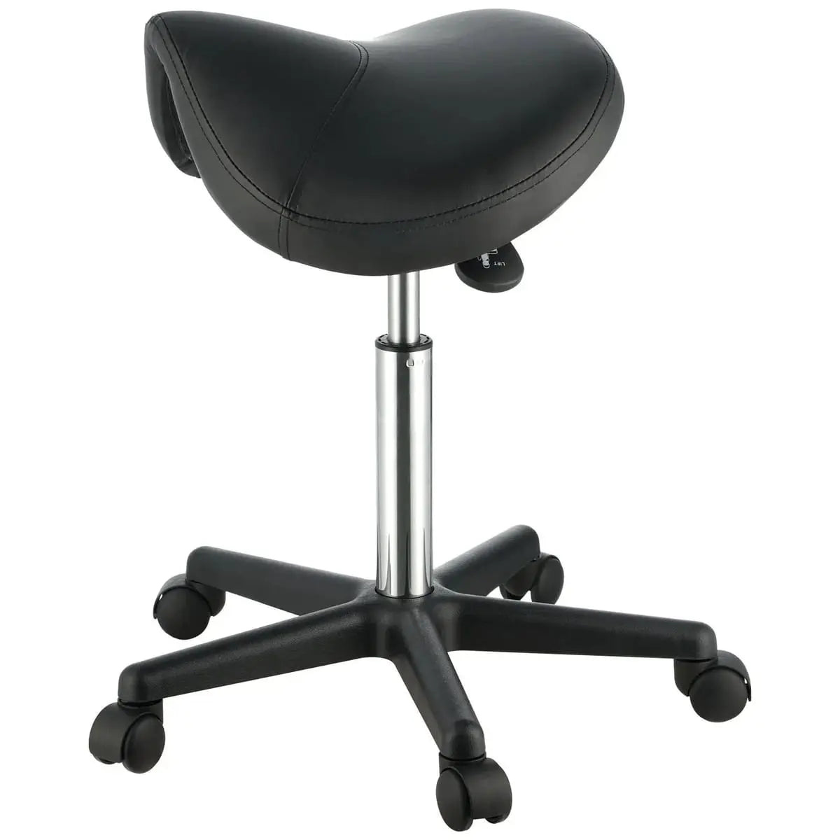 Ergonomic saddle stool with wheels and swivel base by Platinum-Level Office Chairs, designed for salon professionals' back support.