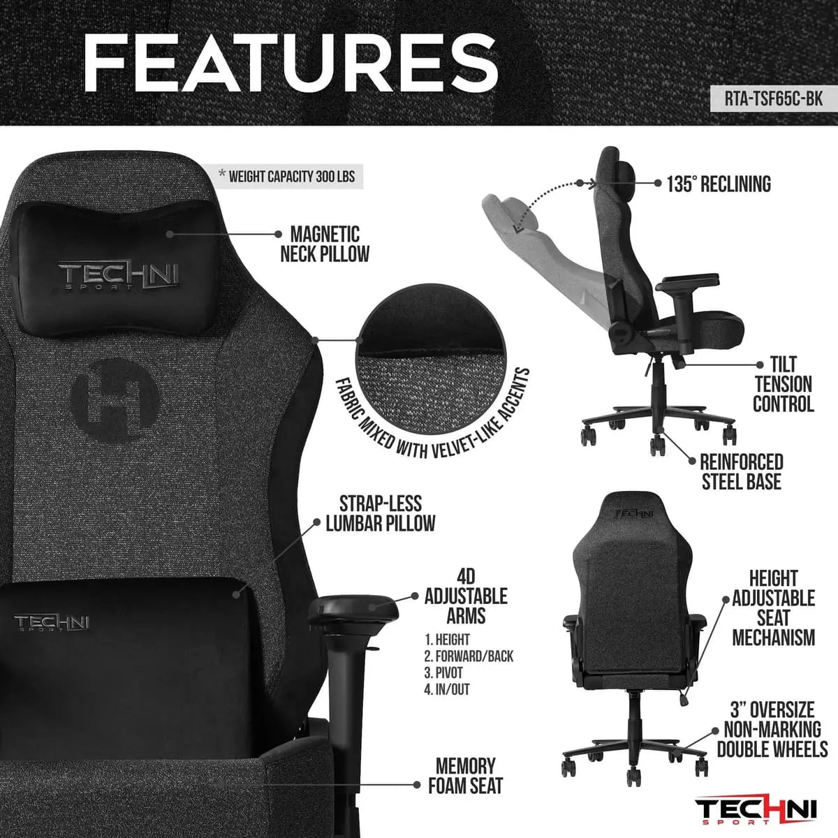 Fabric memory foam gaming chair with adjustable height from Platinum-Level Office Chairs, featuring ergonomic design and plush cushioning.