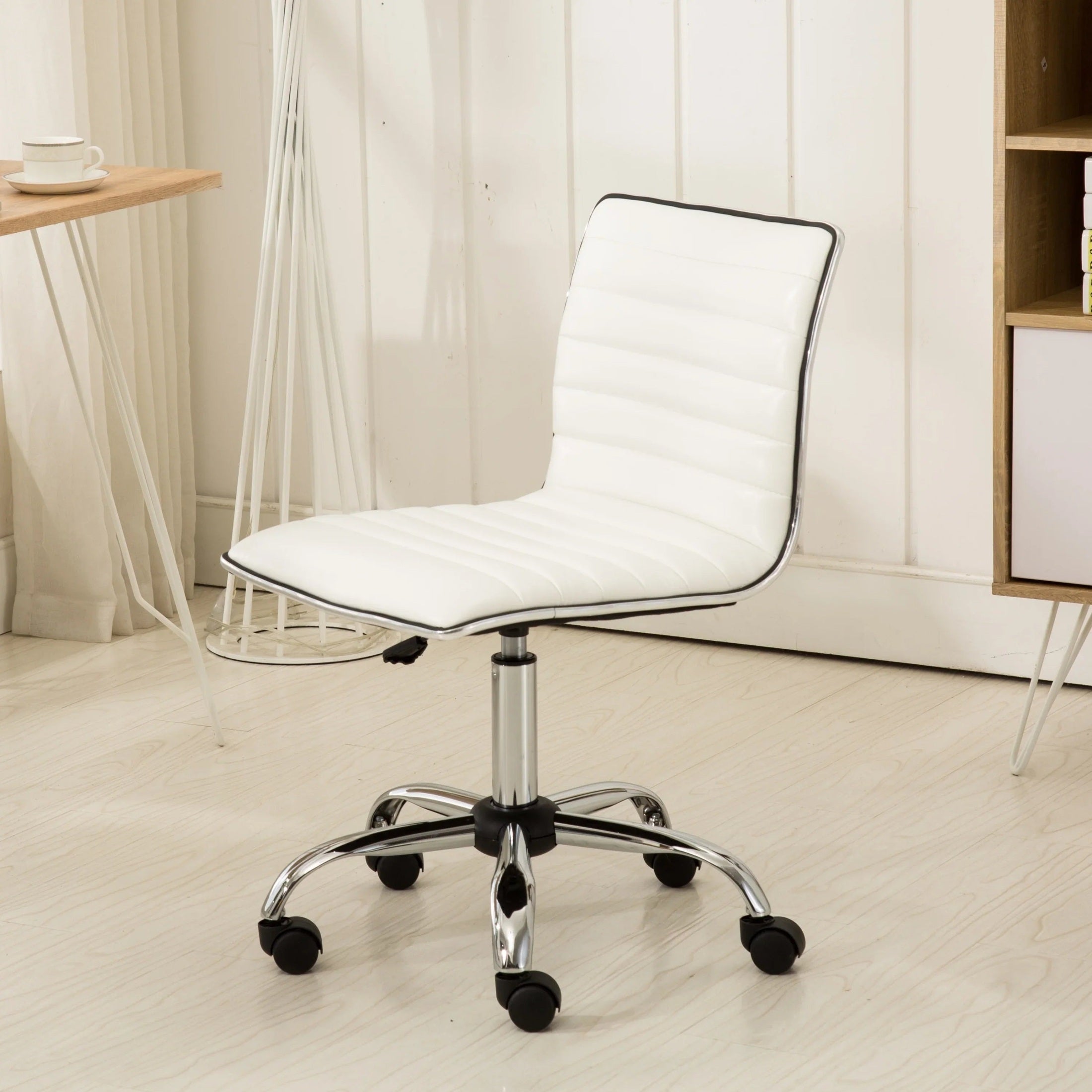 White Fremo Chromel adjustable air lift office chair with chrome accents and ergonomic design by Platinum-Level Office Chairs.