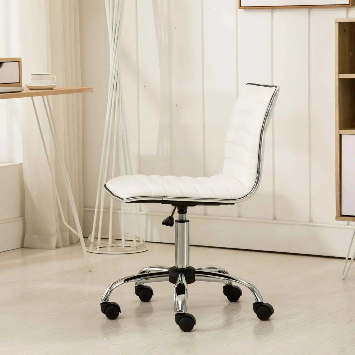 White Fremo Chromel adjustable air lift office chair by Platinum-Level Office Chairs with ergonomic design and padded seat.