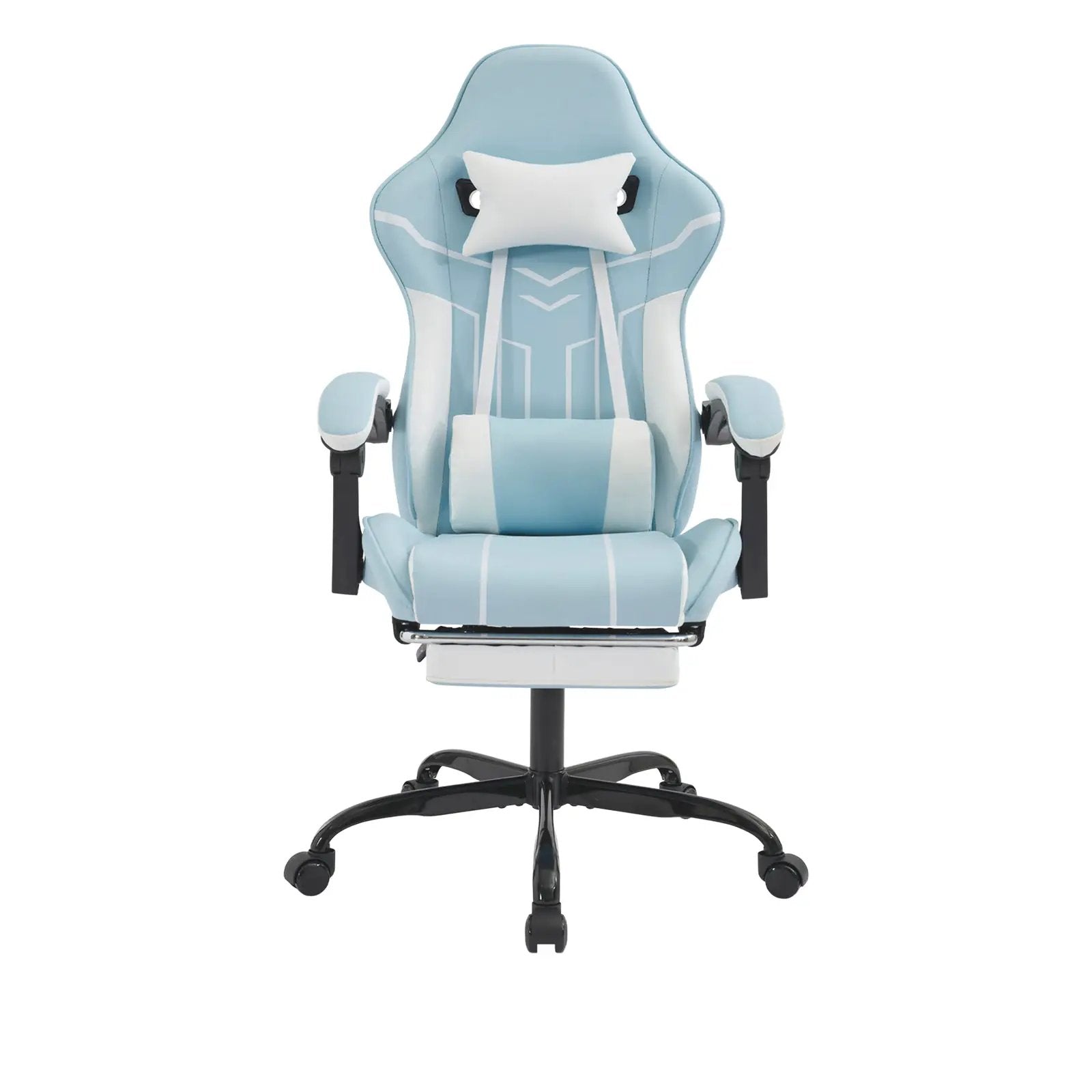 Platinum-Level Office Chairs ergonomic gaming chair with footrest and lumbar support, featuring adjustable armrests and black upholstery.