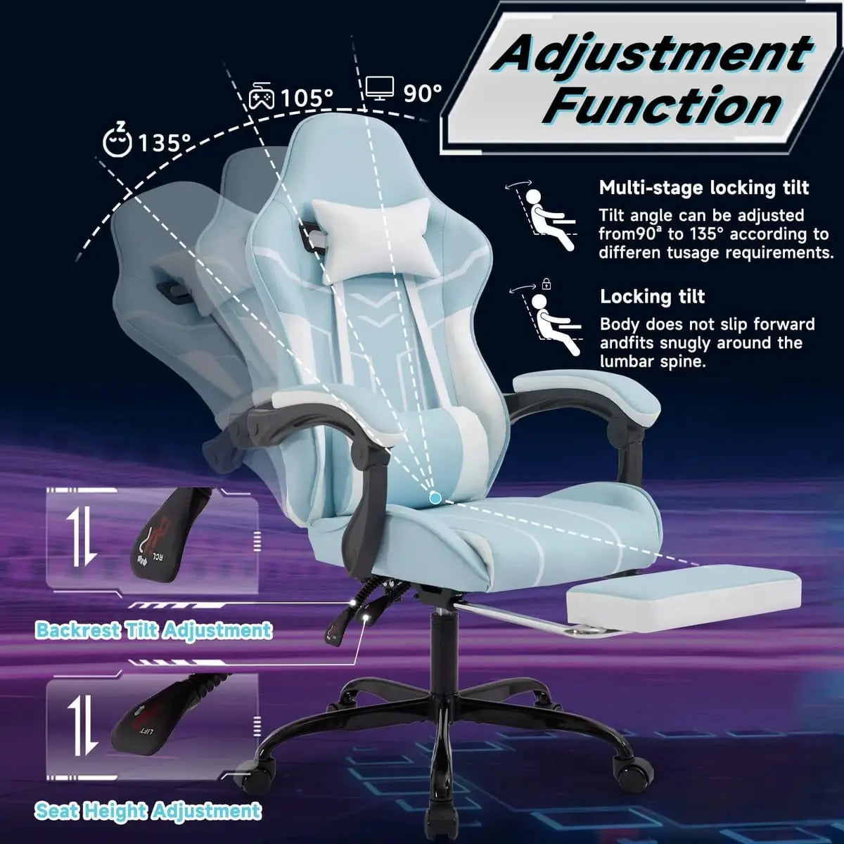 Platinum-Level Office Chairs gaming ergonomic office chair with footrest and lumbar support, black leather seating and adjustable armrests