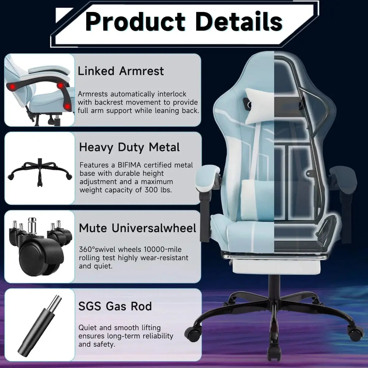 Platinum-Level Office Chairs ergonomic gaming chair with footrest, lumbar support, adjustable armrests, and cushioned seat.