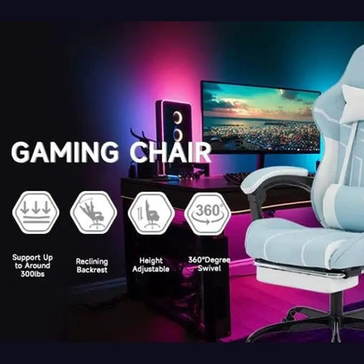 Platinum-Level Office Chairs ergonomic gaming chair with footrest, lumbar support, adjustable armrests, and cushioned seating.