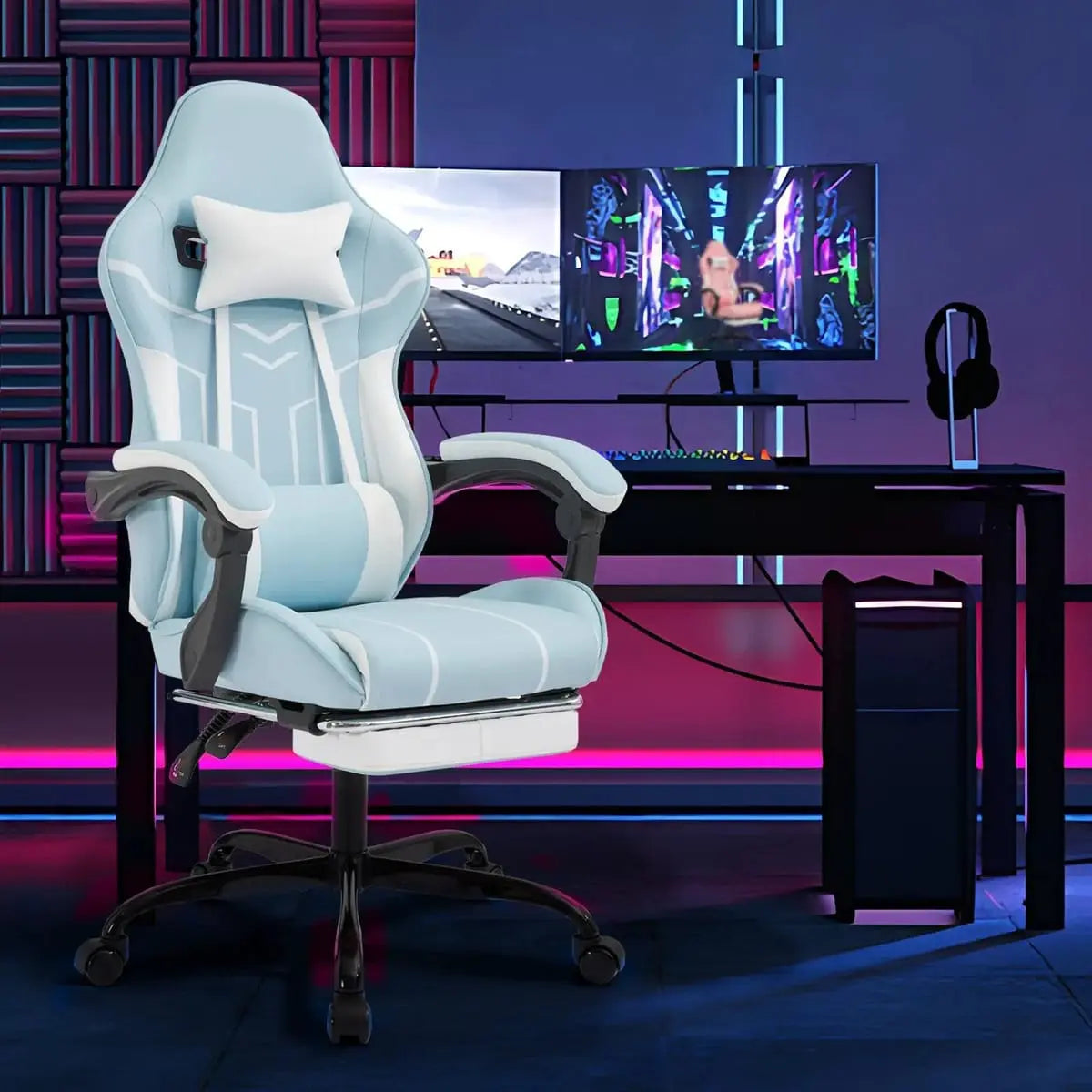 Platinum-Level Office Chairs ergonomic gaming chair with footrest and lumbar support, featuring adjustable headrest and padded armrests.