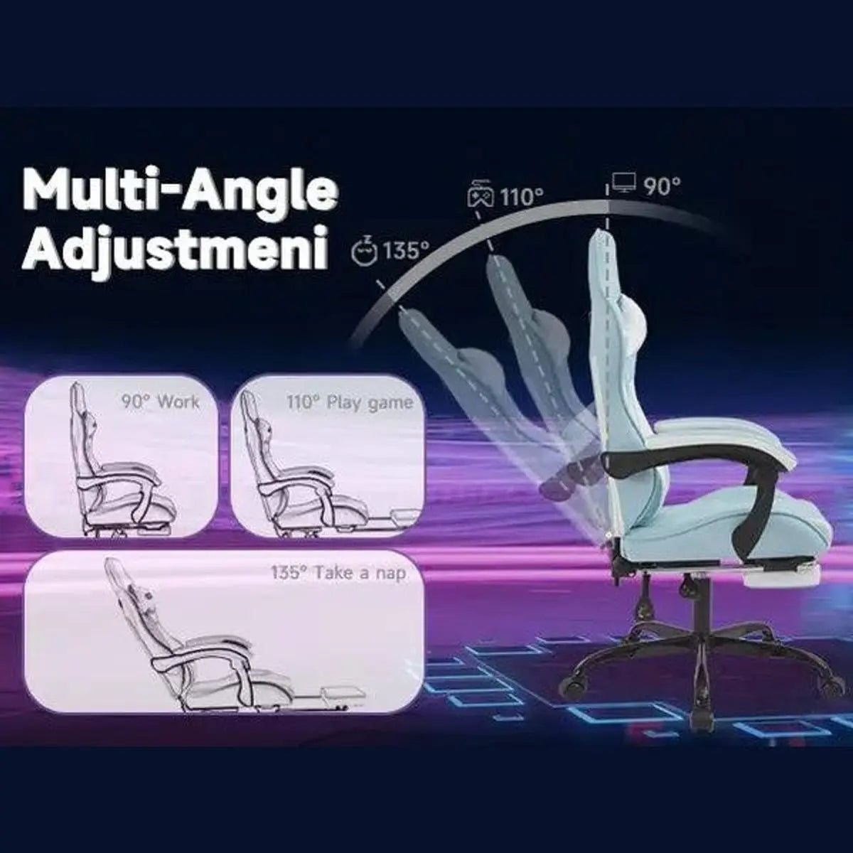 Platinum-Level Office Chairs ergonomic gaming chair with footrest and lumbar support, featuring adjustable armrests and padded seat.