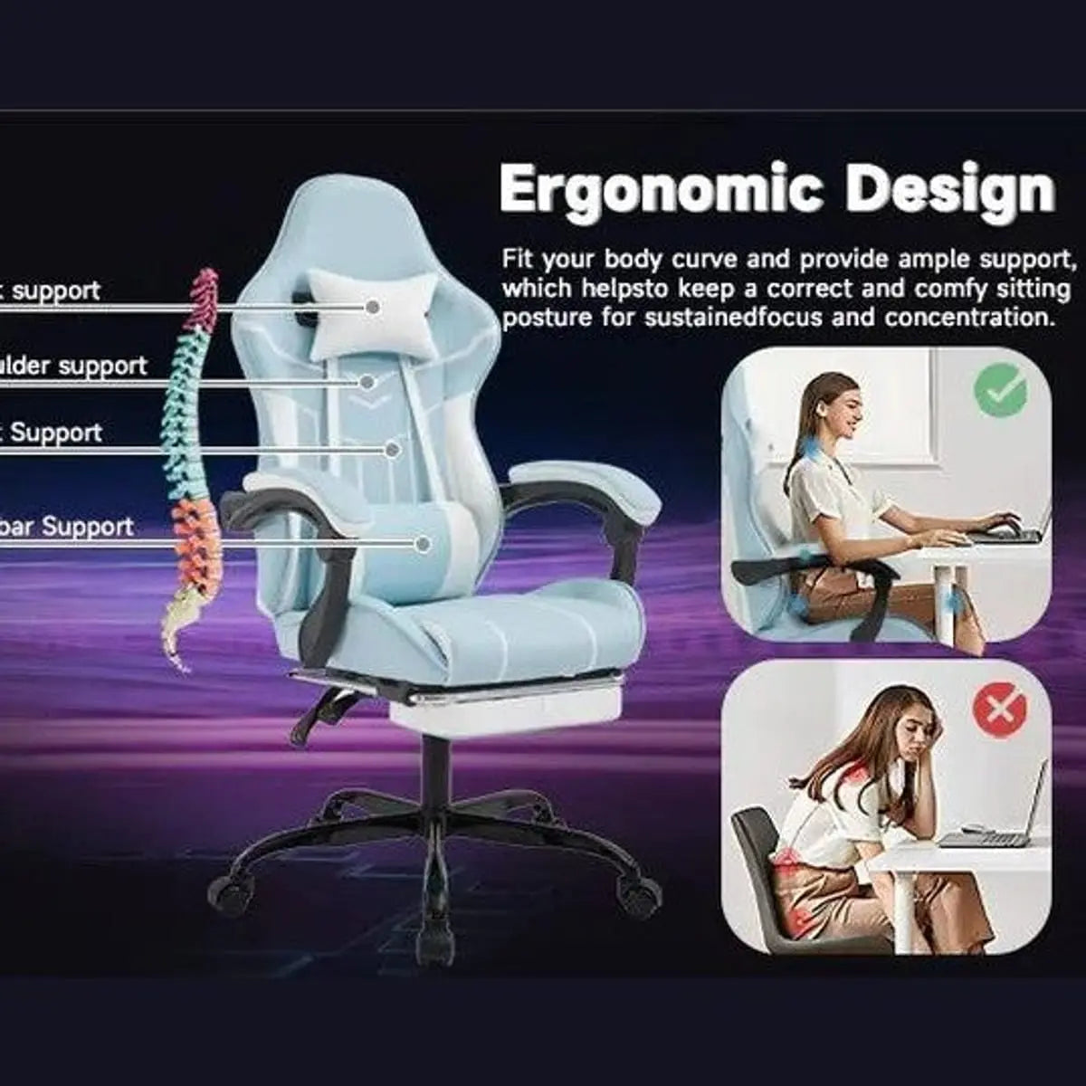 Platinum-Level Office Chairs ergonomic gaming chair with footrest, lumbar support, adjustable armrests, and padded seat.