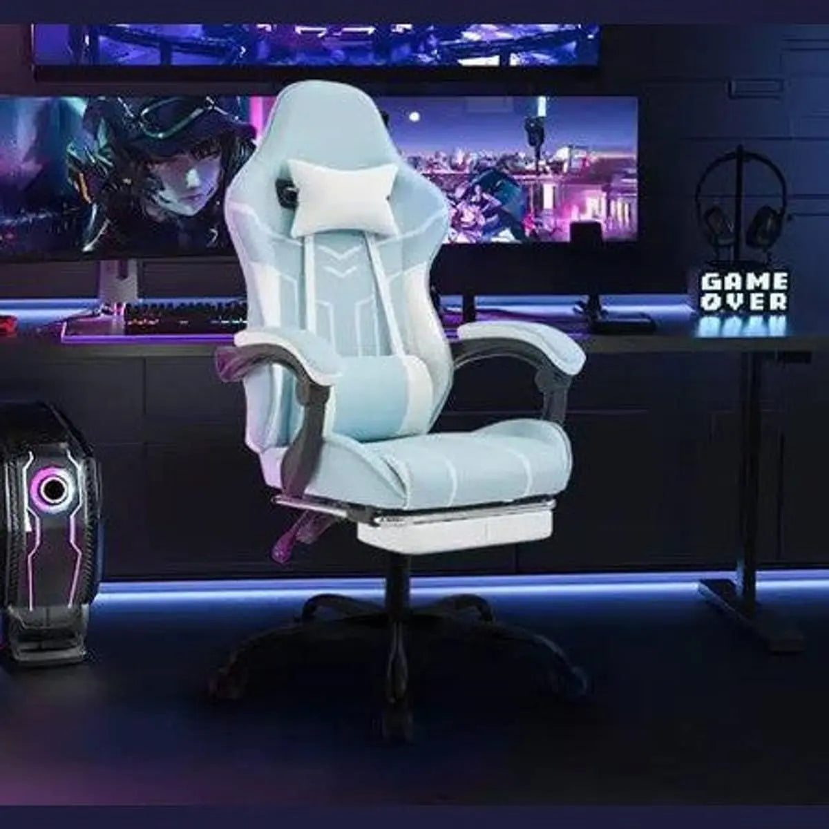 Black ergonomic gaming chair with footrest and lumbar support, featuring adjustable armrests and cushioned seat for comfort.