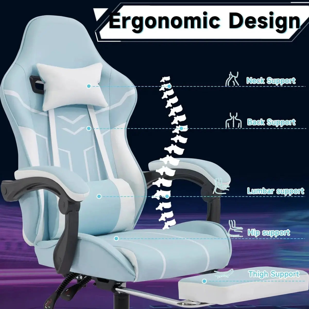 Platinum-Level Office Chairs gaming ergonomic office chair with footrest and lumbar support, featuring adjustable armrests and plush padding.