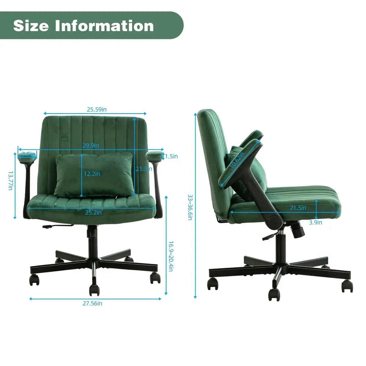 Green velvet armchair with memory foam seat and wheels, modern design by Platinum-Level Office Chairs.