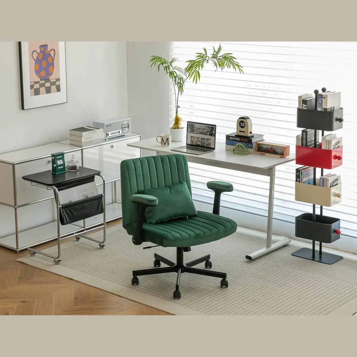 Green velvet armchair with memory foam seat and wheels, modern design by Platinum-Level Office Chairs for contemporary home decor.