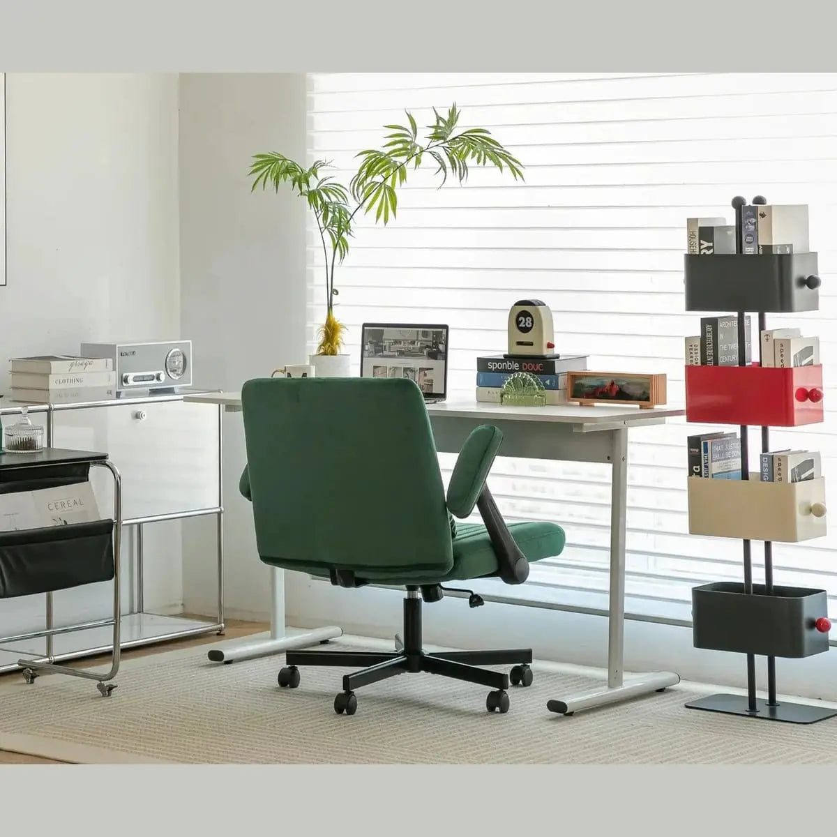Green velvet armchair with memory foam seat and wheels, modern design by Platinum-Level Office Chairs for stylish home comfort