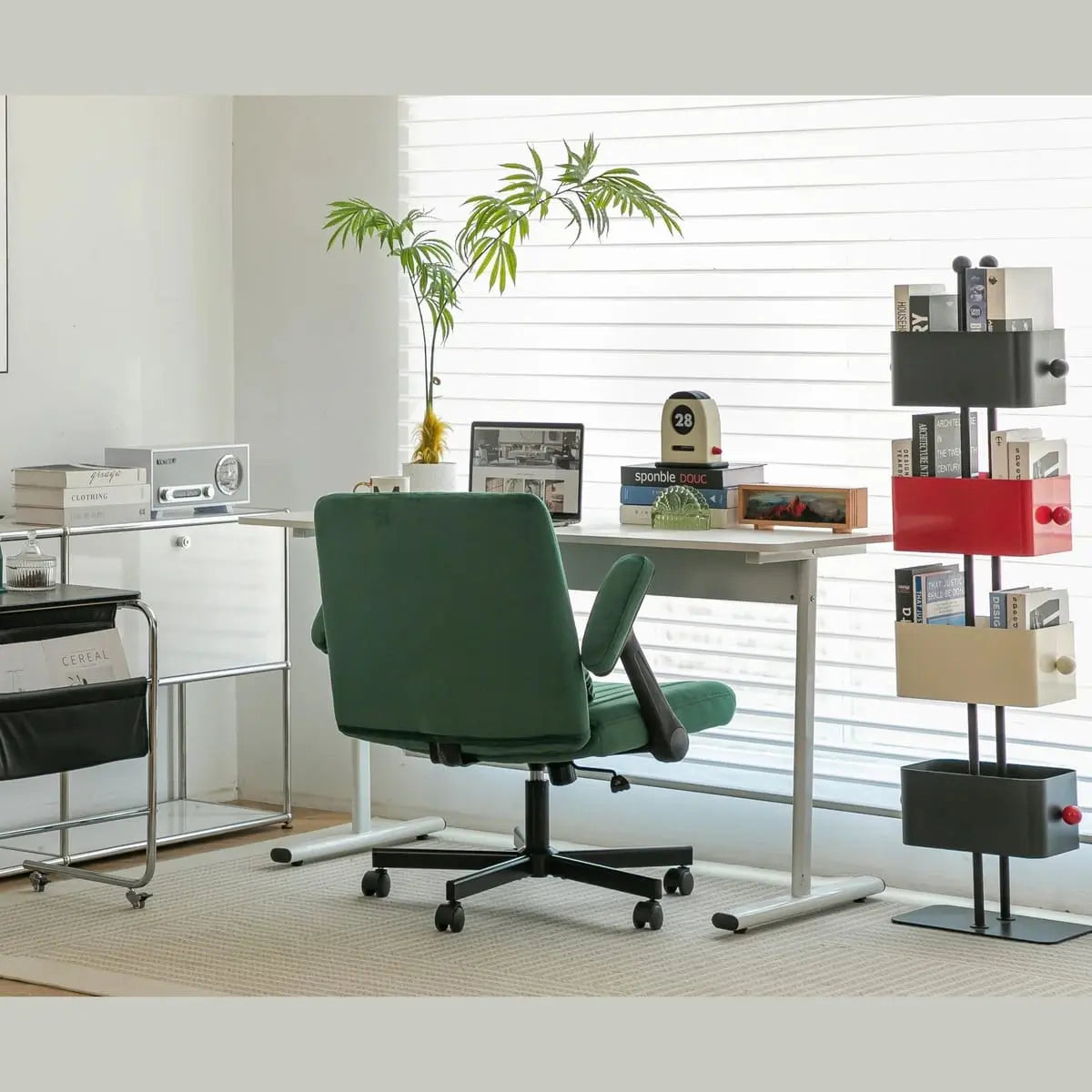 Green velvet armchair with memory foam seat and wheels, modern home furniture by Platinum-Level Office Chairs
