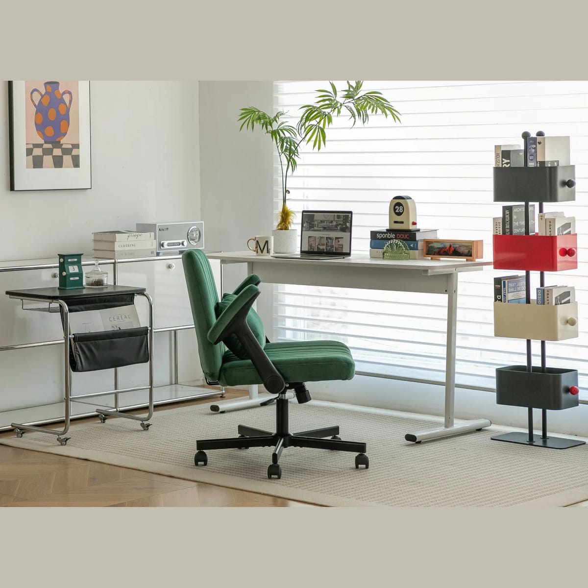 Green velvet armchair with memory foam seat and wheels from Platinum-Level Office Chairs for modern home comfort and style.