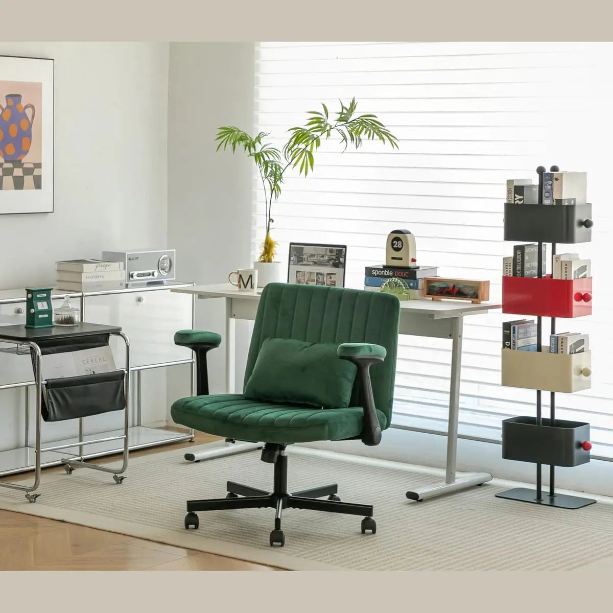 Green velvet armchair by Platinum-Level Office Chairs with memory foam seat and wheels, ideal for modern home decor.