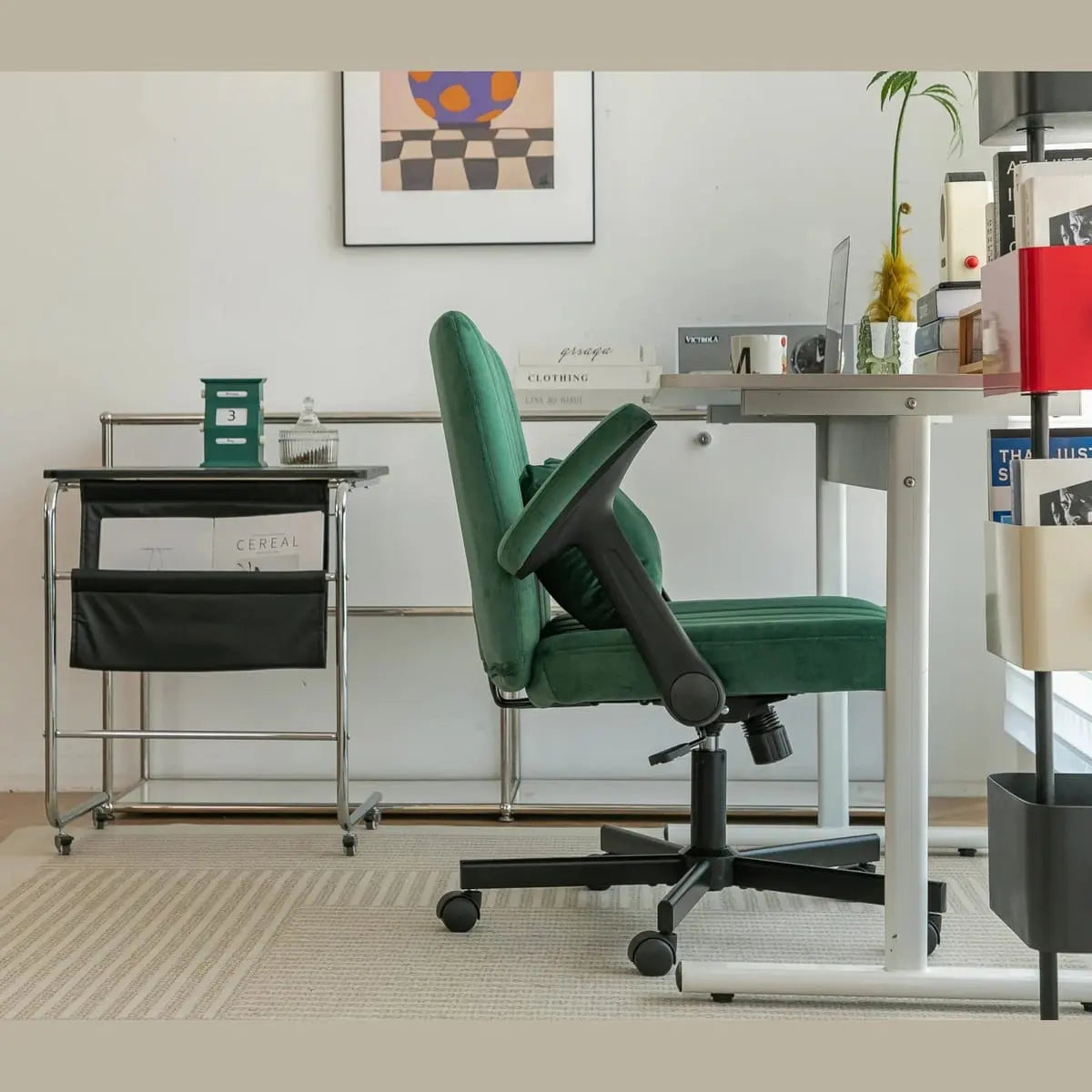 Green velvet armchair with memory foam seat and wheels, modern home furniture by Platinum-Level Office Chairs