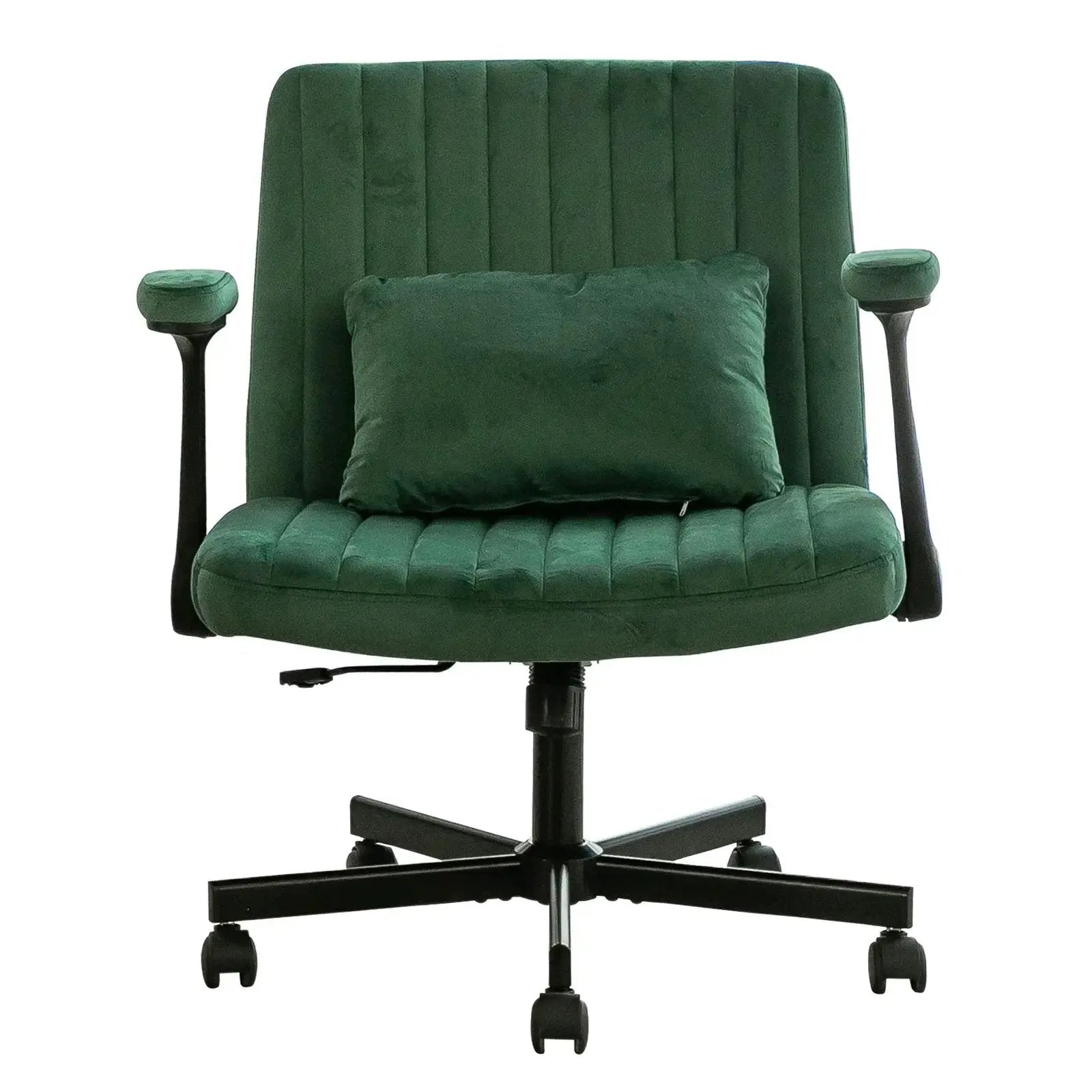 Green velvet office chair with criss-cross armrests and memory foam cushioning by Platinum-Level Office Chairs.