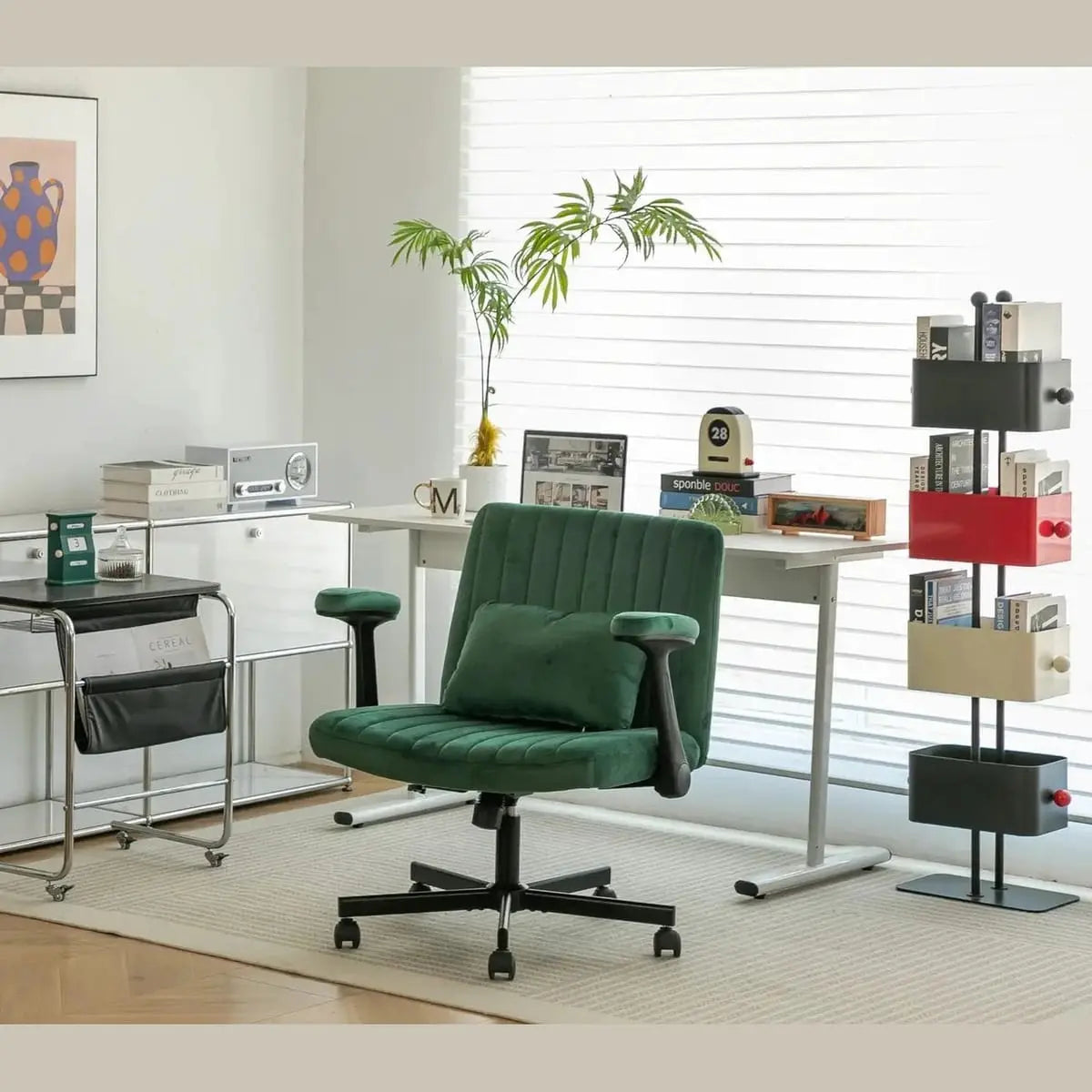 Green velvet office chair with criss-cross armrests and memory foam cushioning, by Platinum-Level Office Chairs.
