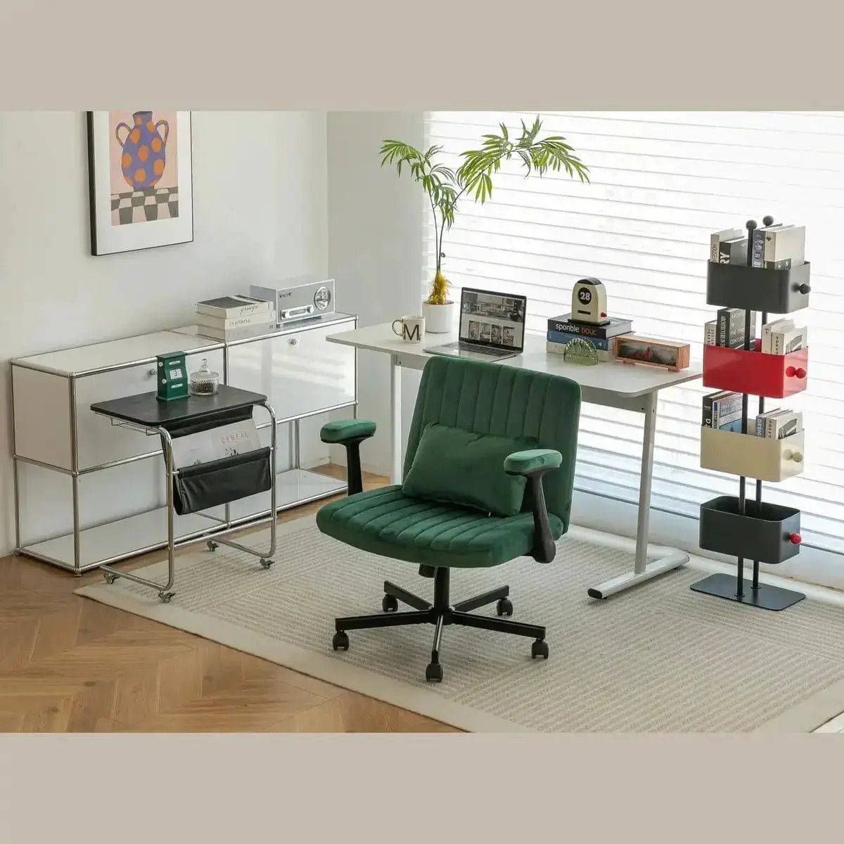 Green Velvet Armchair With Memory Foam Seat And Wheels For Modern Home - Platinum-Level Office Chairs