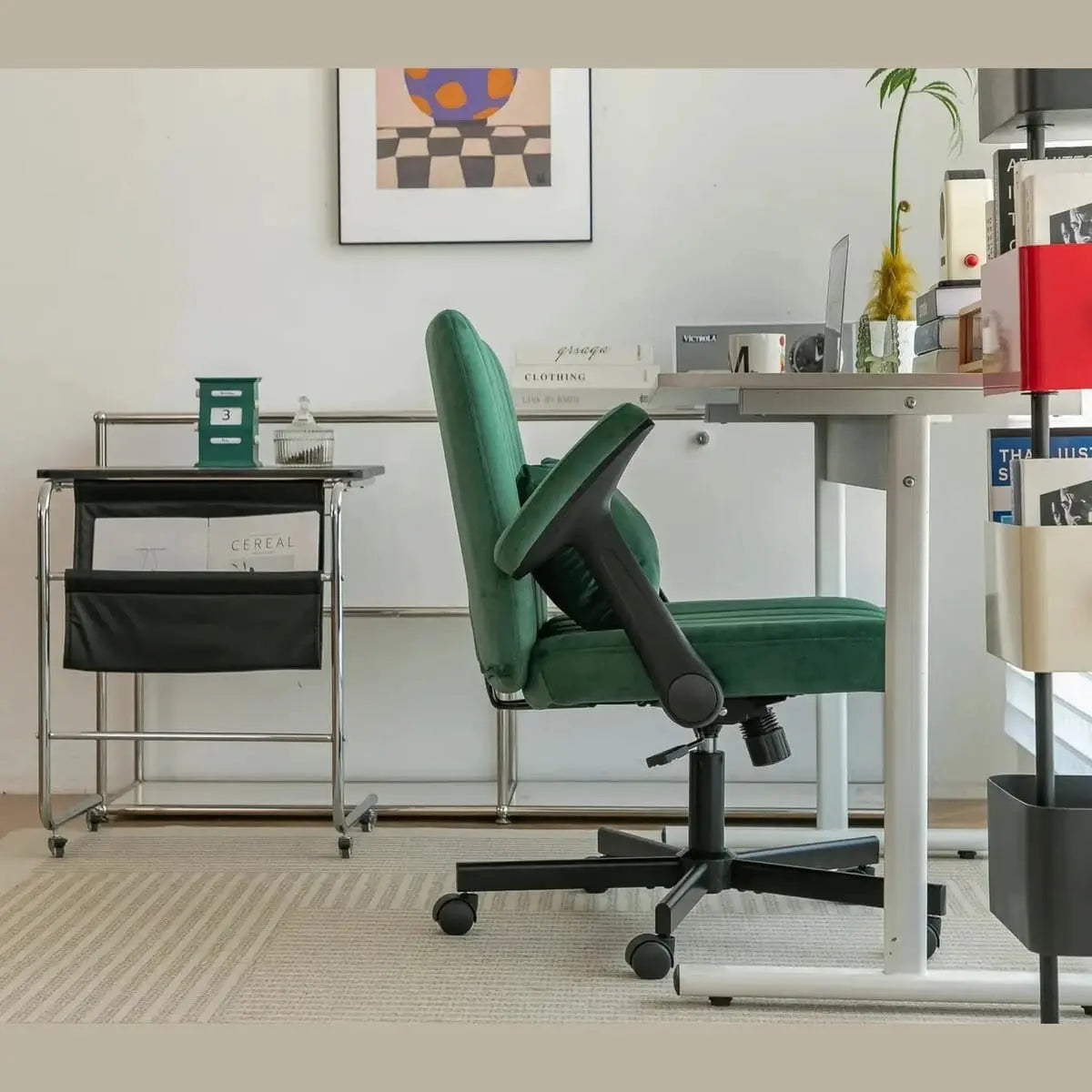 Green velvet office chair with criss-cross armrests and memory foam cushions from Platinum-Level Office Chairs.