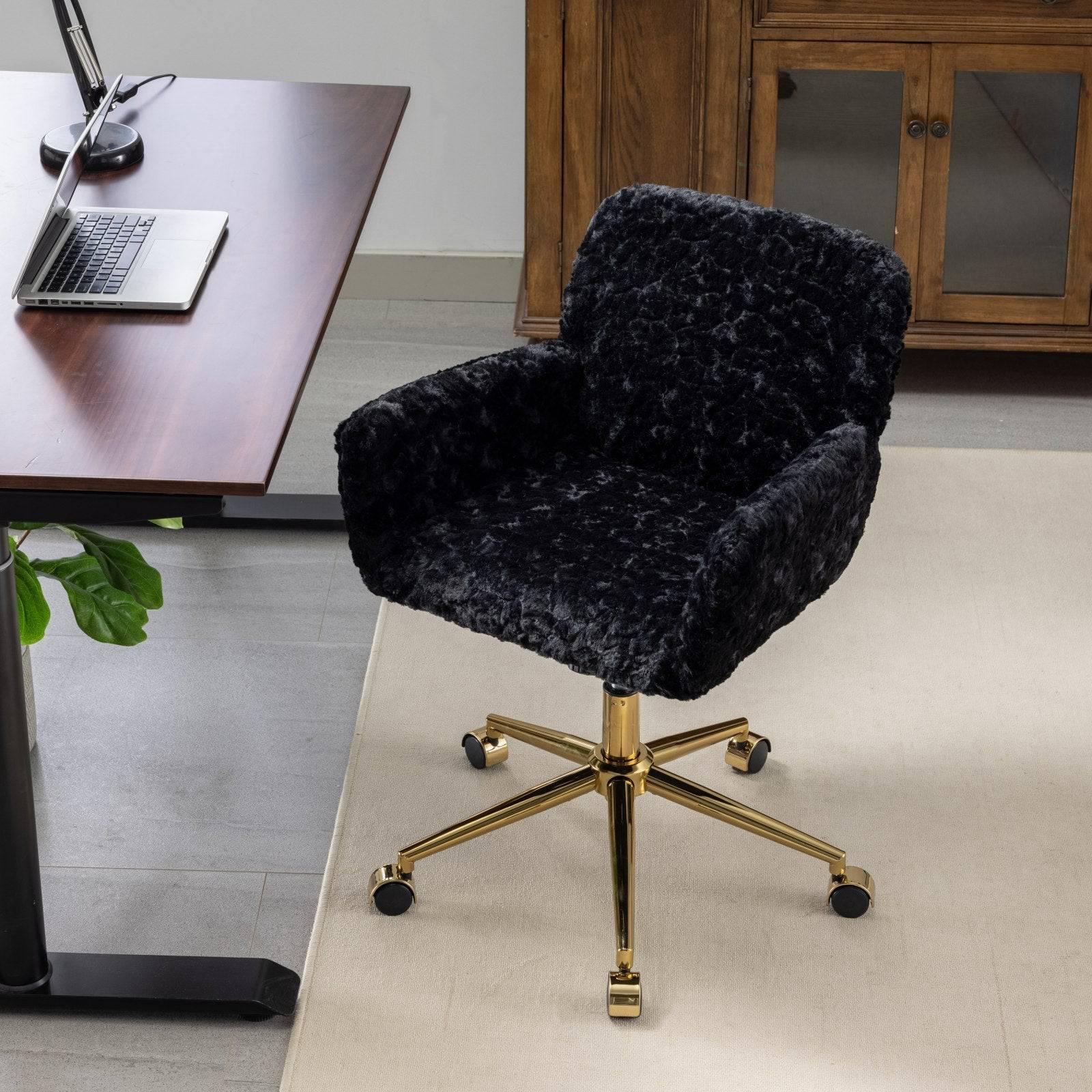 Luxurious Black Upholstered Office Chair with Golden Metal Base - Adjustable Swivel Design for Home and Vanity Use - Platinum-Level Office Chairs