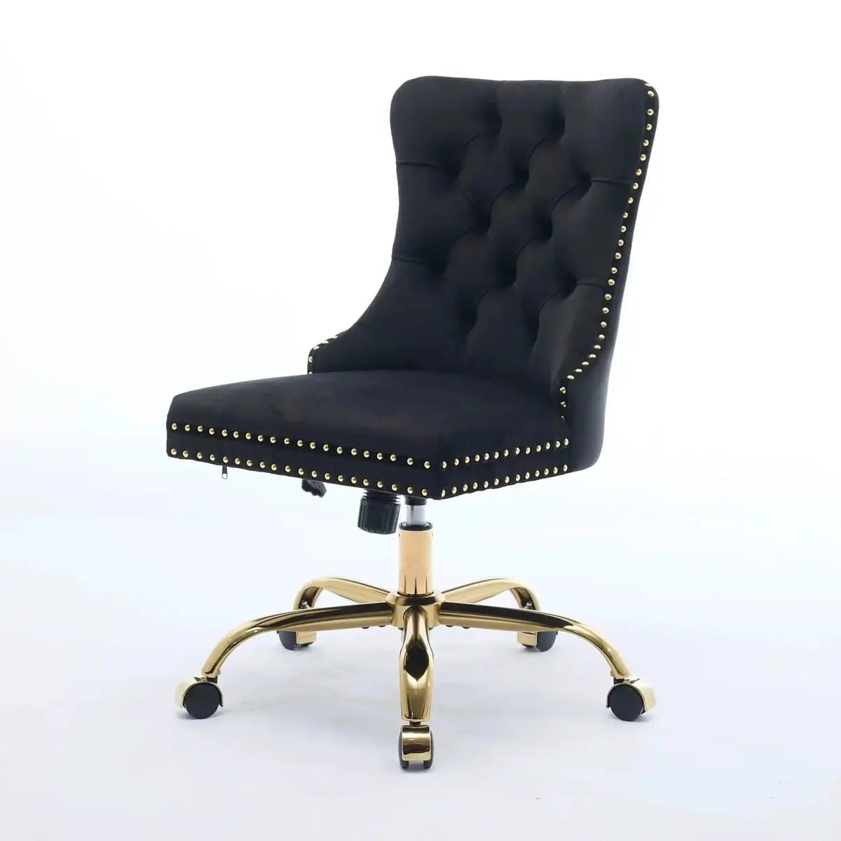 Luxurious black velvet tufted office chair with gold electroplated base, deep seating, ergonomic design, and nailhead trim.
