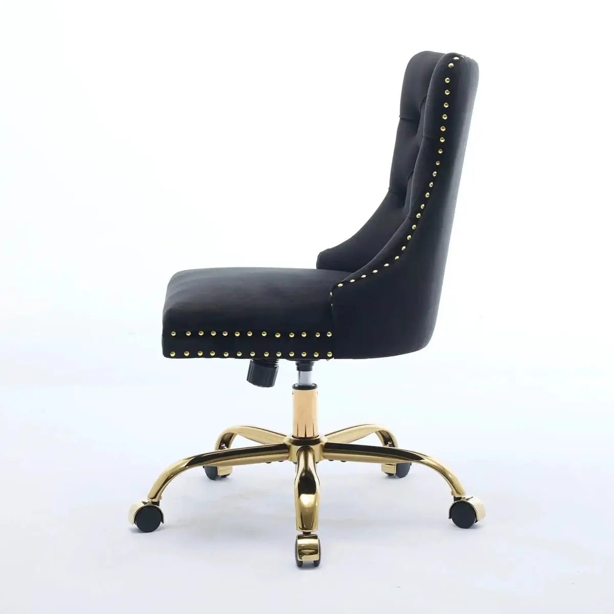Luxurious black velvet tufted office chair with gold electroplated base, deep seating, ergonomic design, and nailhead trim.