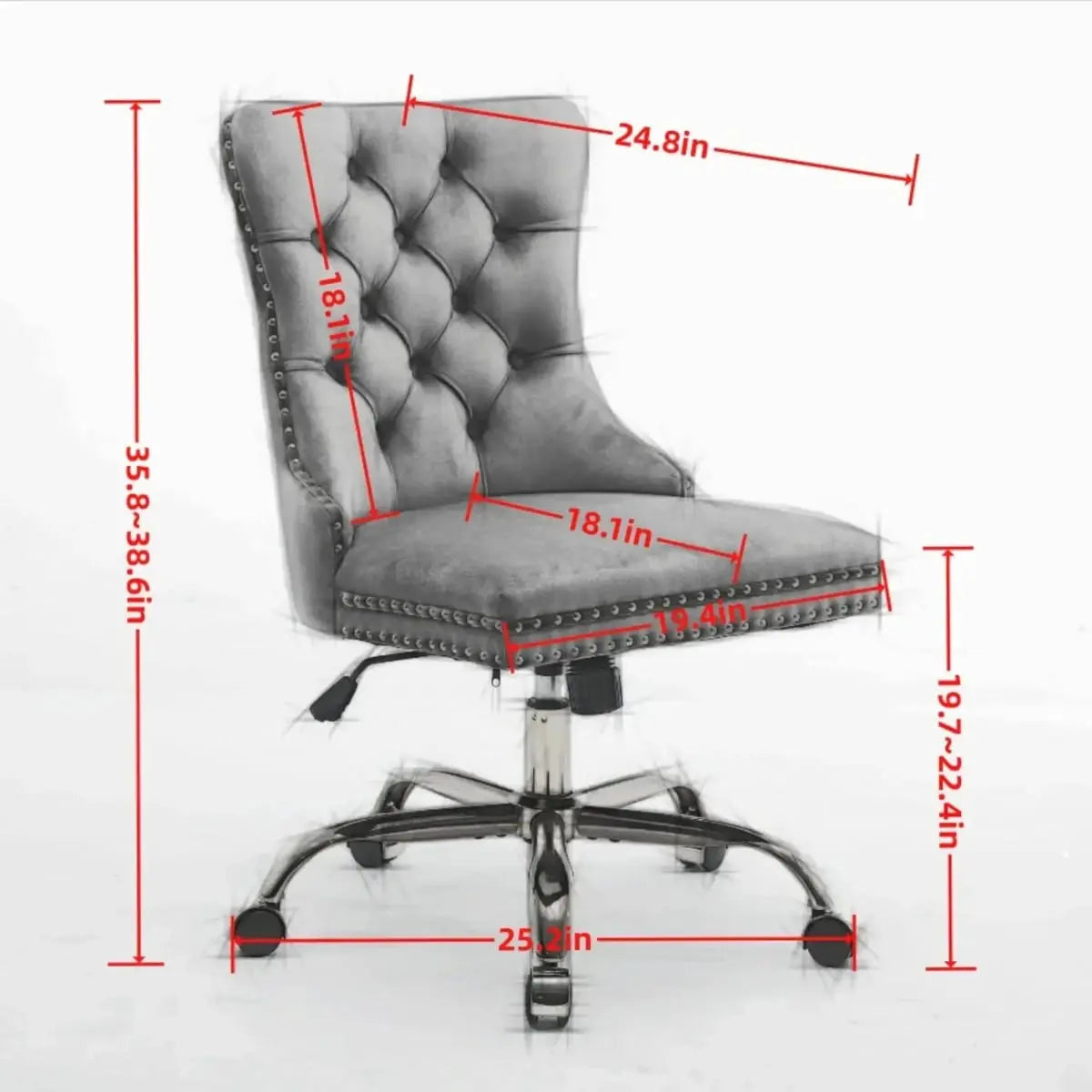 Luxurious black velvet tufted office chair with gold electroplated base, deep seating, ergonomic design, and nailhead trim.