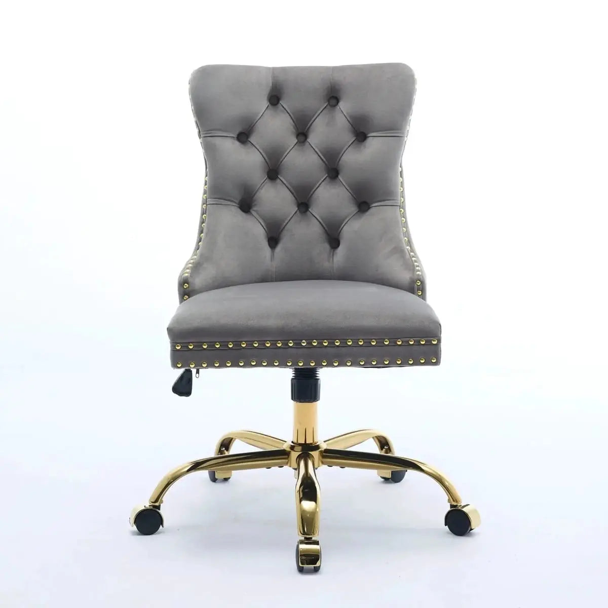 Luxurious gray velvet tufted office chair with gold base, adjustable swivel, and wide deep seating from Platinum-Level Office Chairs.