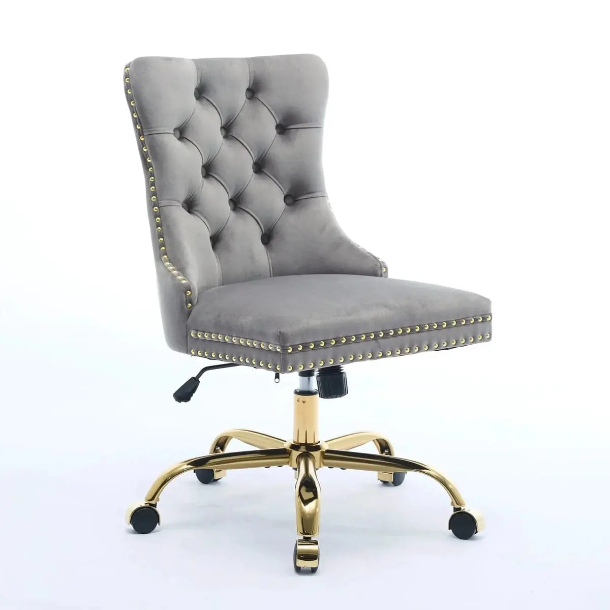 Luxurious gray velvet tufted office chair with gold base, adjustable swivel, and wide deep seating from Platinum-Level Office Chairs.