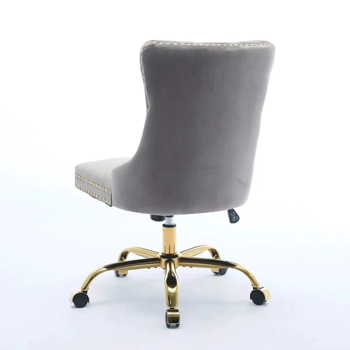 Luxurious gray velvet tufted office chair with gold base, adjustable swivel, and wide deep seating by Platinum-Level Office Chairs.