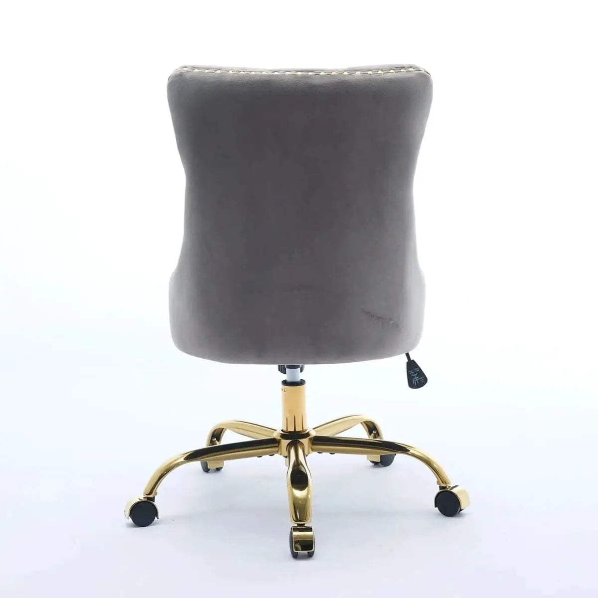 Luxurious gray velvet tufted office chair with gold base, adjustable swivel, and wide deep seat from Platinum-Level Office Chairs