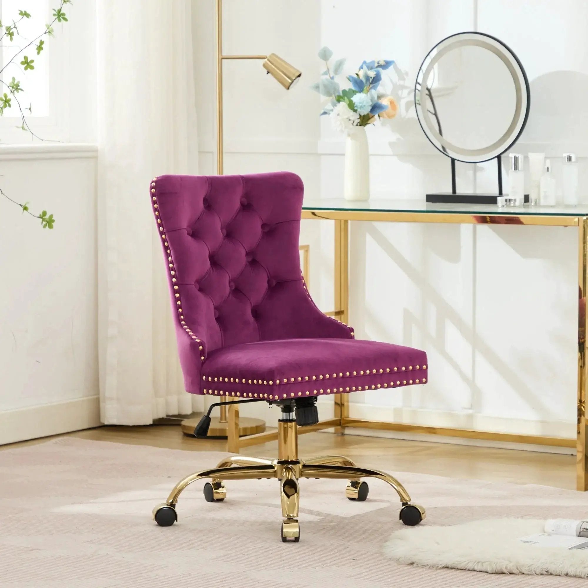 Luxurious purple velvet tufted office chair with gold metal base, nailhead trim, deep wide seat from Platinum-Level Office Chairs.