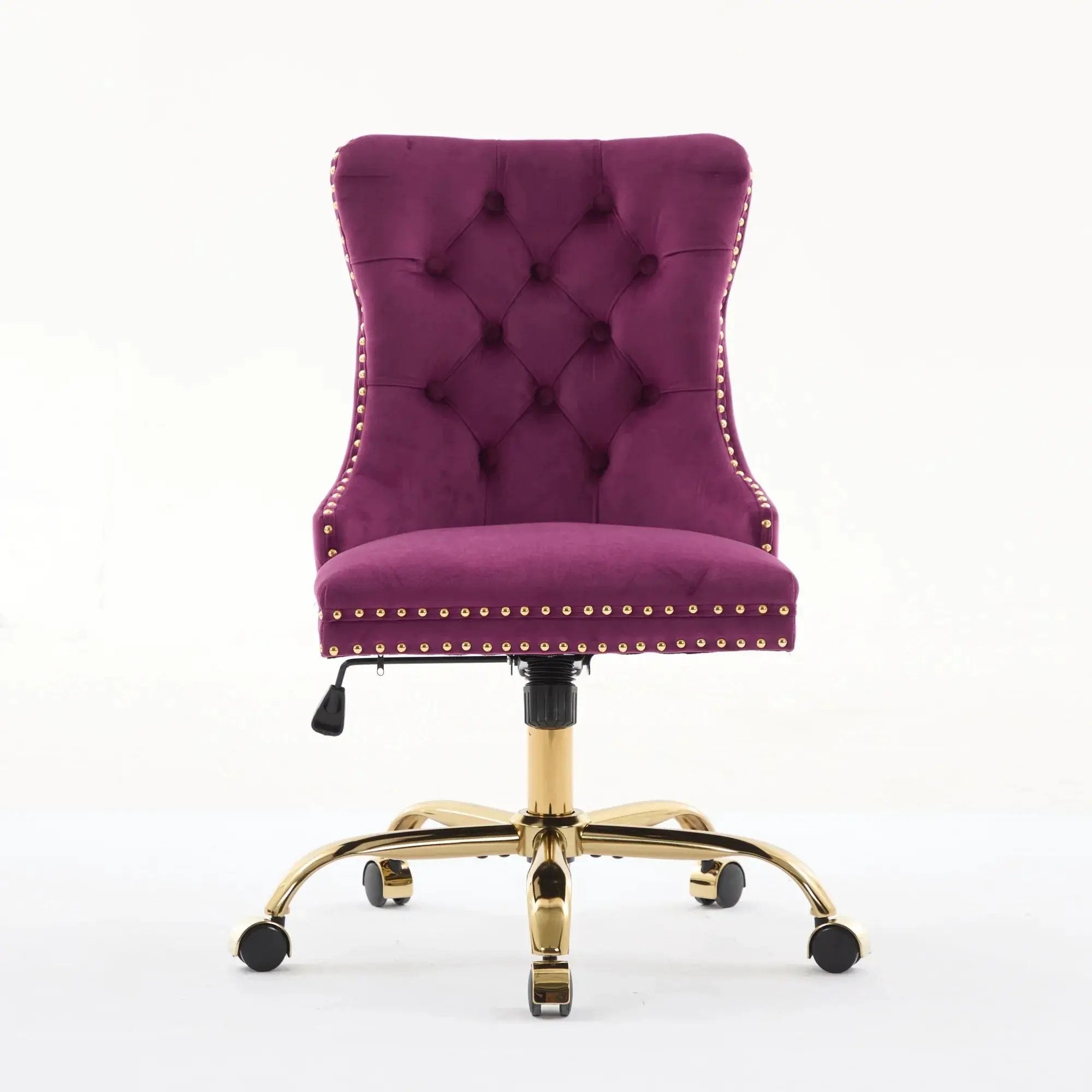 Luxurious purple velvet tufted office chair with gold metal base, nailhead trim, and deep wide seat from Platinum-Level Office Chairs.