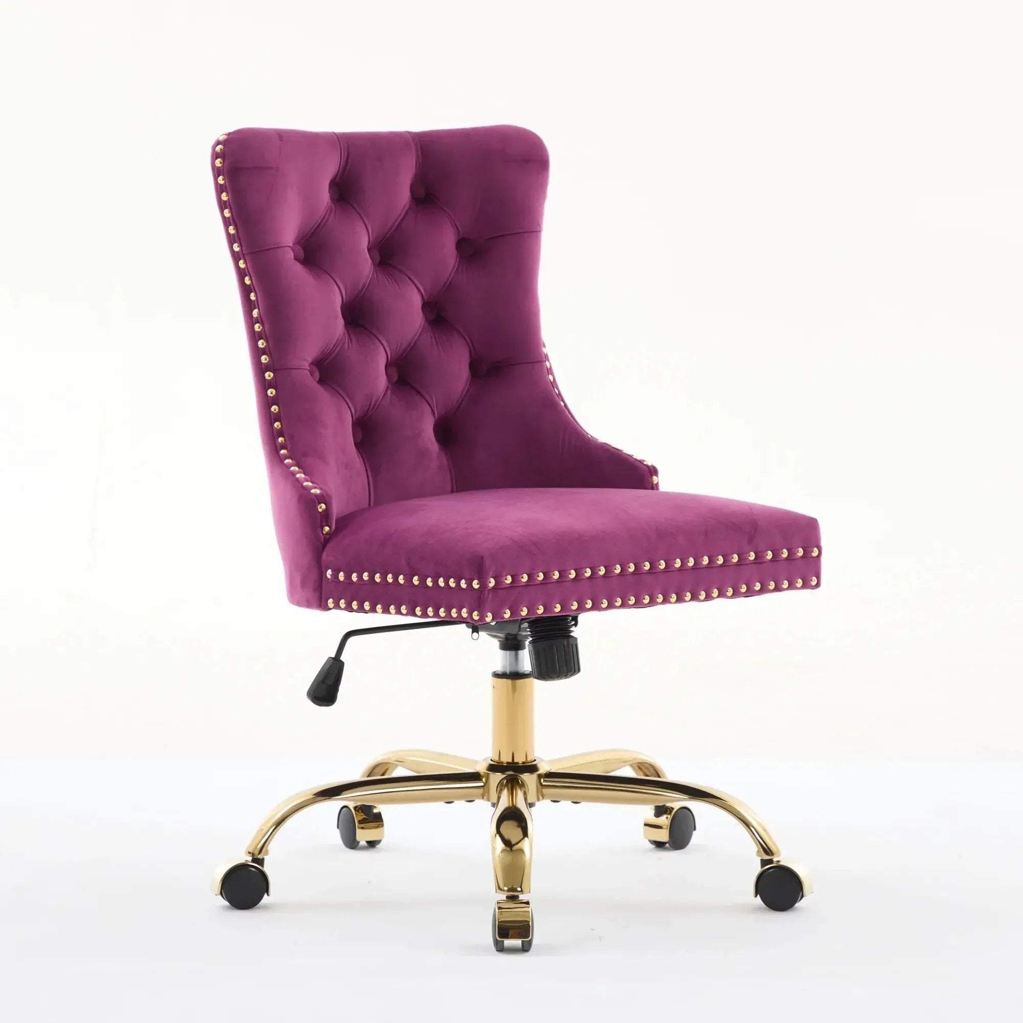 Luxurious purple velvet tufted office chair with gold metal base, nailhead trim, and deep wide seat by Platinum-Level Office Chairs.