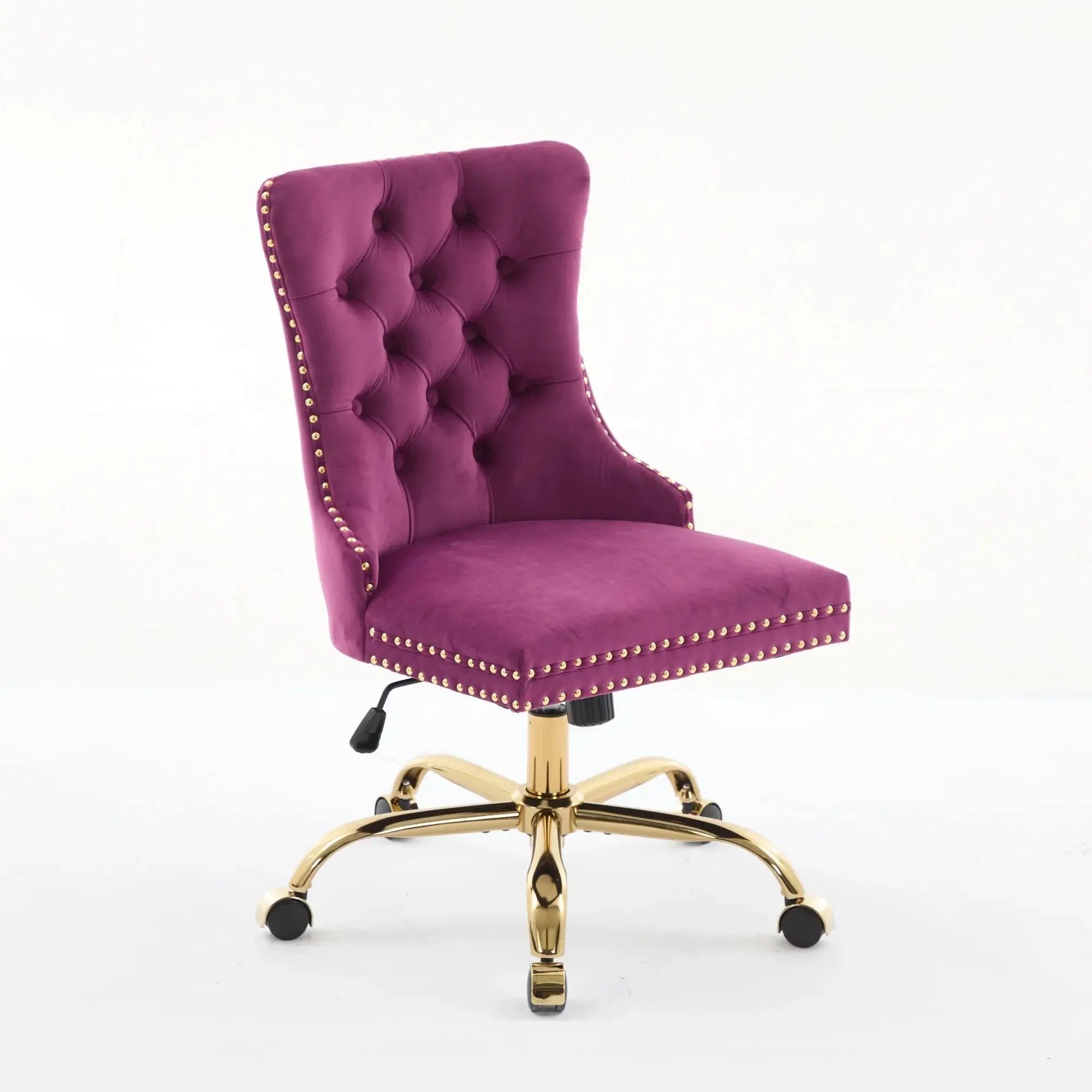 Luxurious purple velvet tufted office chair with gold metal base, nailhead trim, and deep wide seat by Platinum-Level Office Chairs.