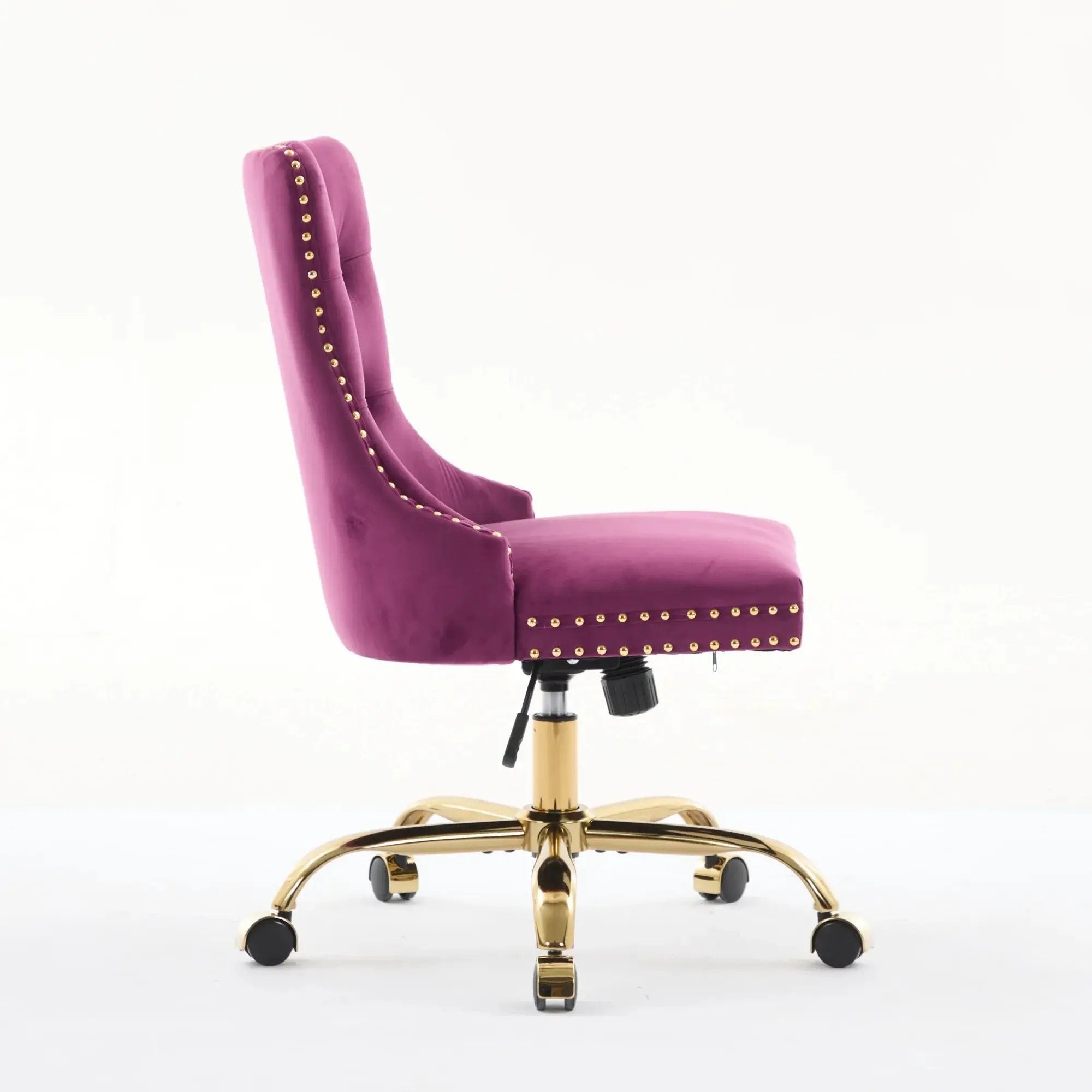 Luxurious purple velvet tufted office chair with gold metal base, nailhead trim, and deep wide seat by Platinum-Level Office Chairs.