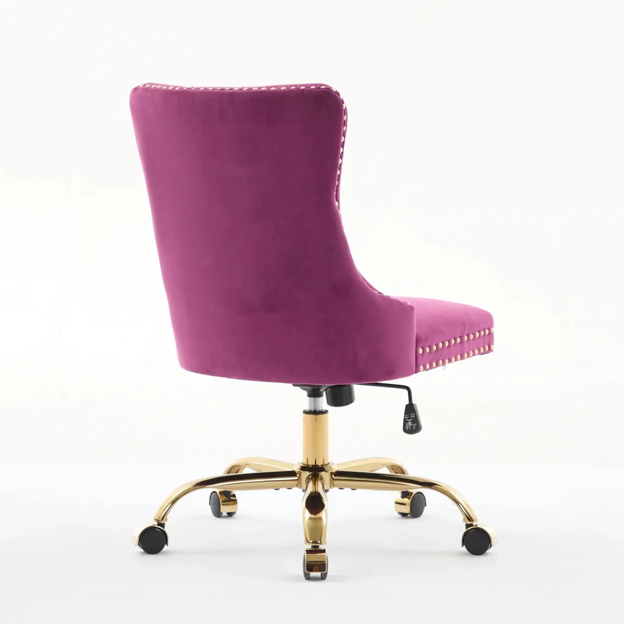 Luxurious purple velvet tufted office chair with gold metal base, nailhead trim, and deep wide seat by Platinum-Level Office Chairs.
